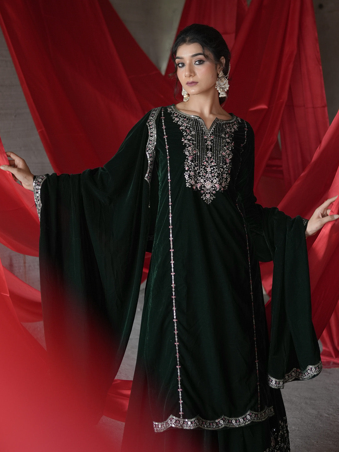 Green Embroidered Velvet Straight Suit With Dupatta