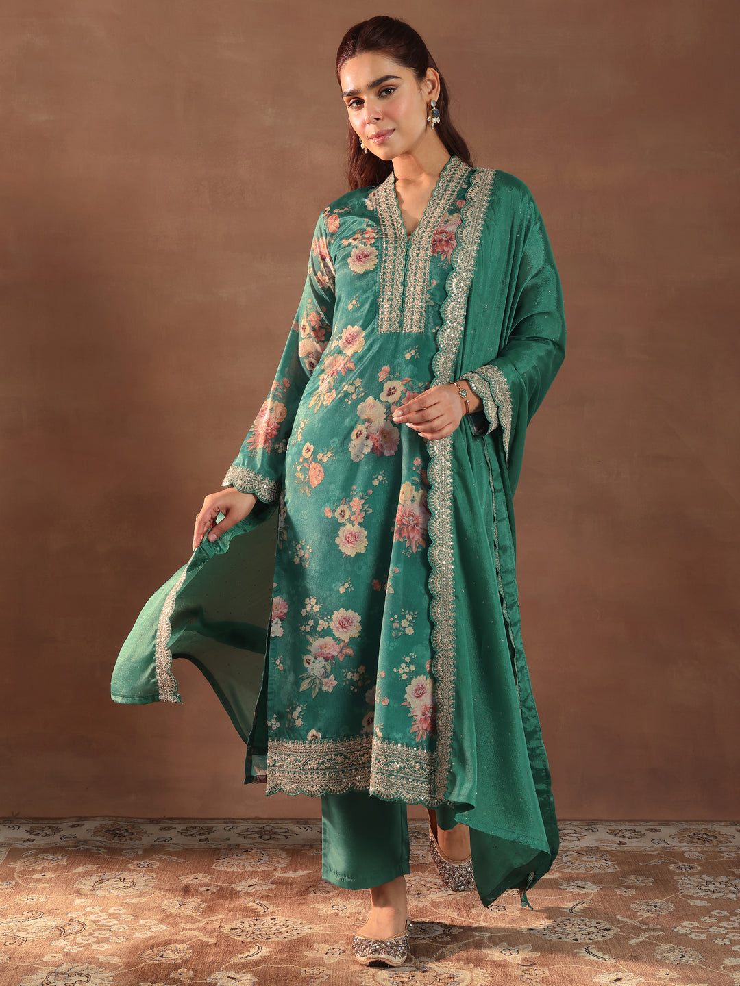 Green Printed Silk Blend Straight Suit With Dupatta