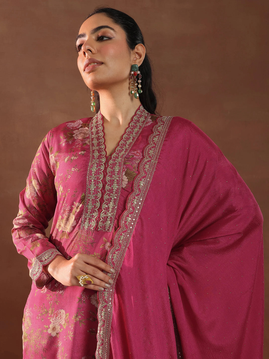 Pink Printed Silk Blend Straight Suit With Dupatta