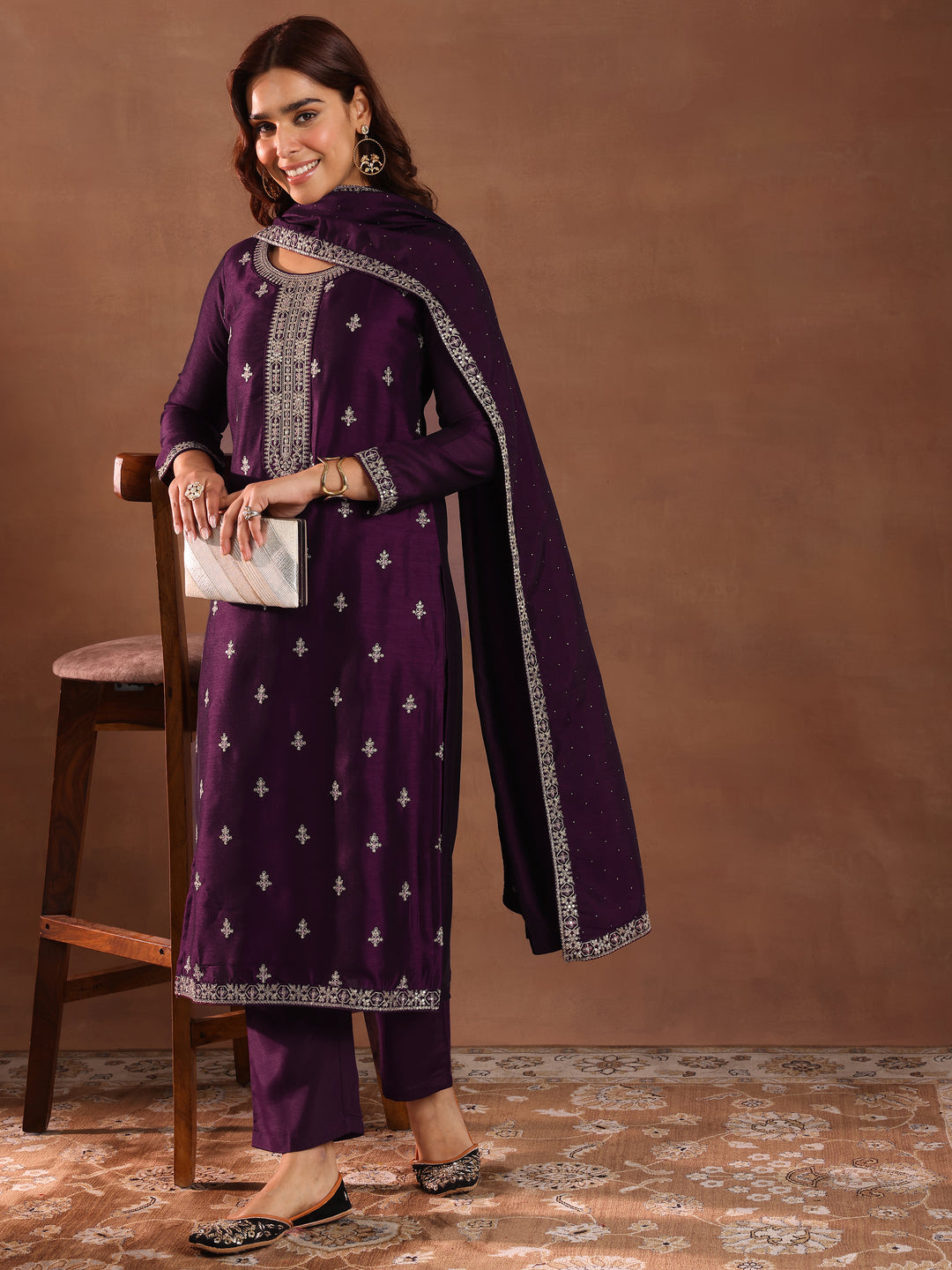 Burgundy Embroidered Silk Blend Straight Suit With Dupatta