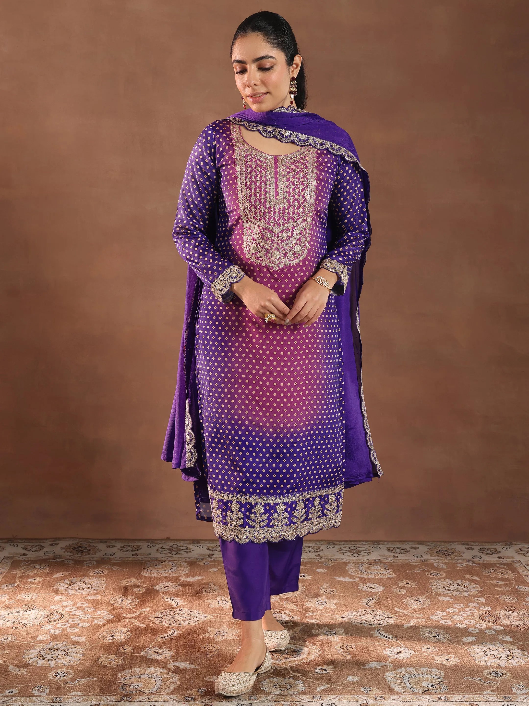 Purple Printed Silk Blend Straight Suit With Dupatta