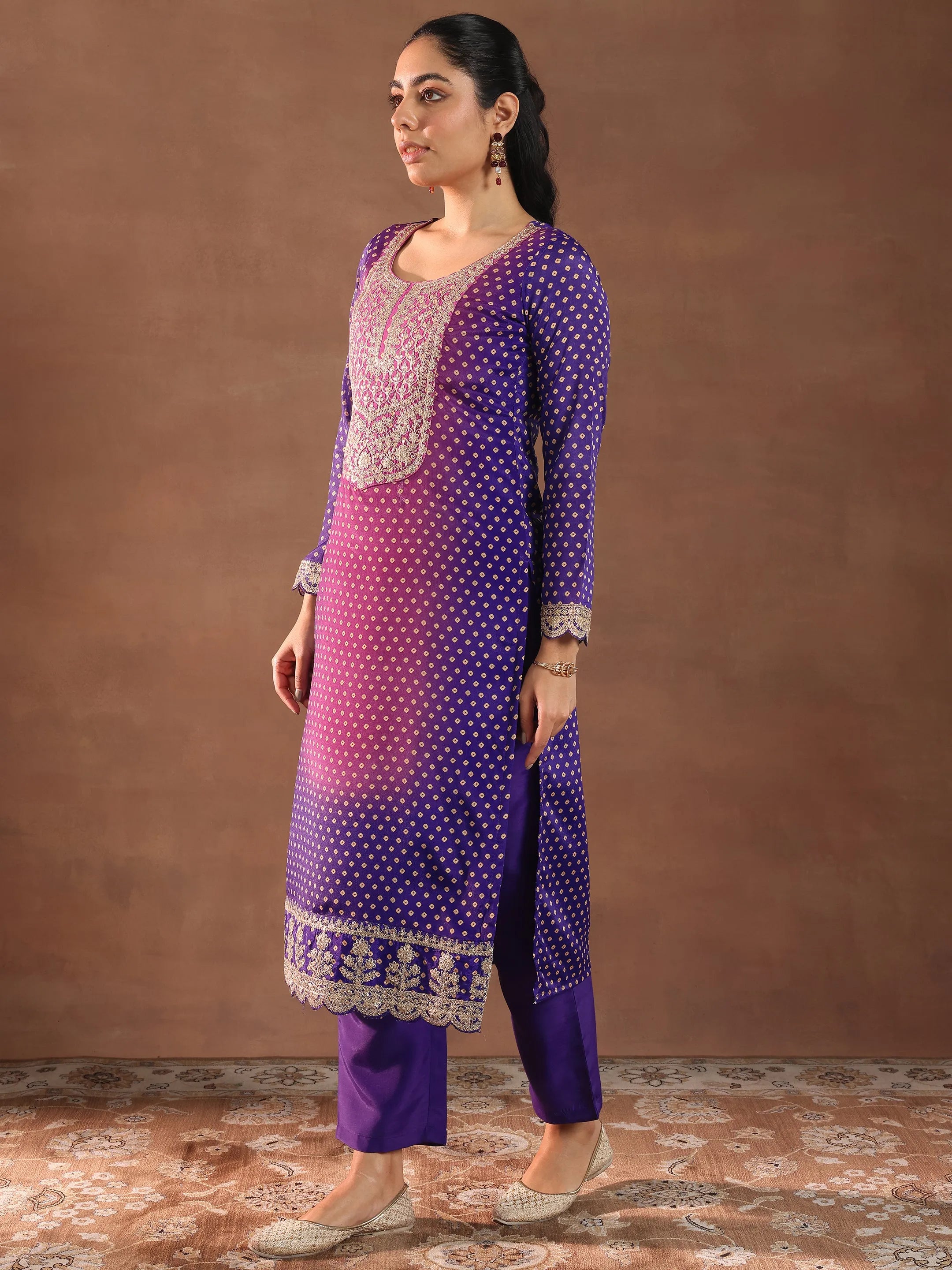 Purple Printed Silk Blend Straight Suit With Dupatta