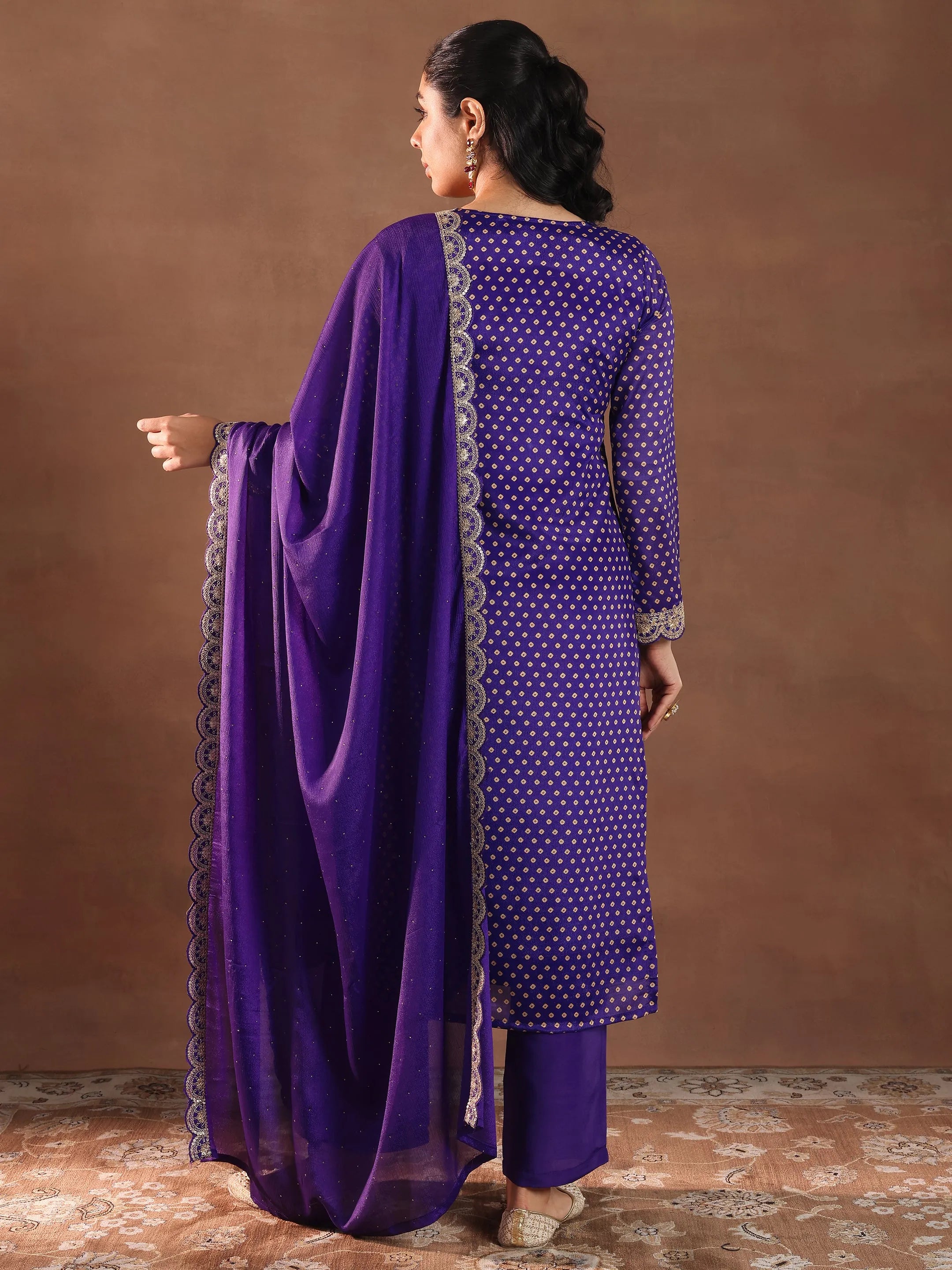 Purple Printed Silk Blend Straight Suit With Dupatta