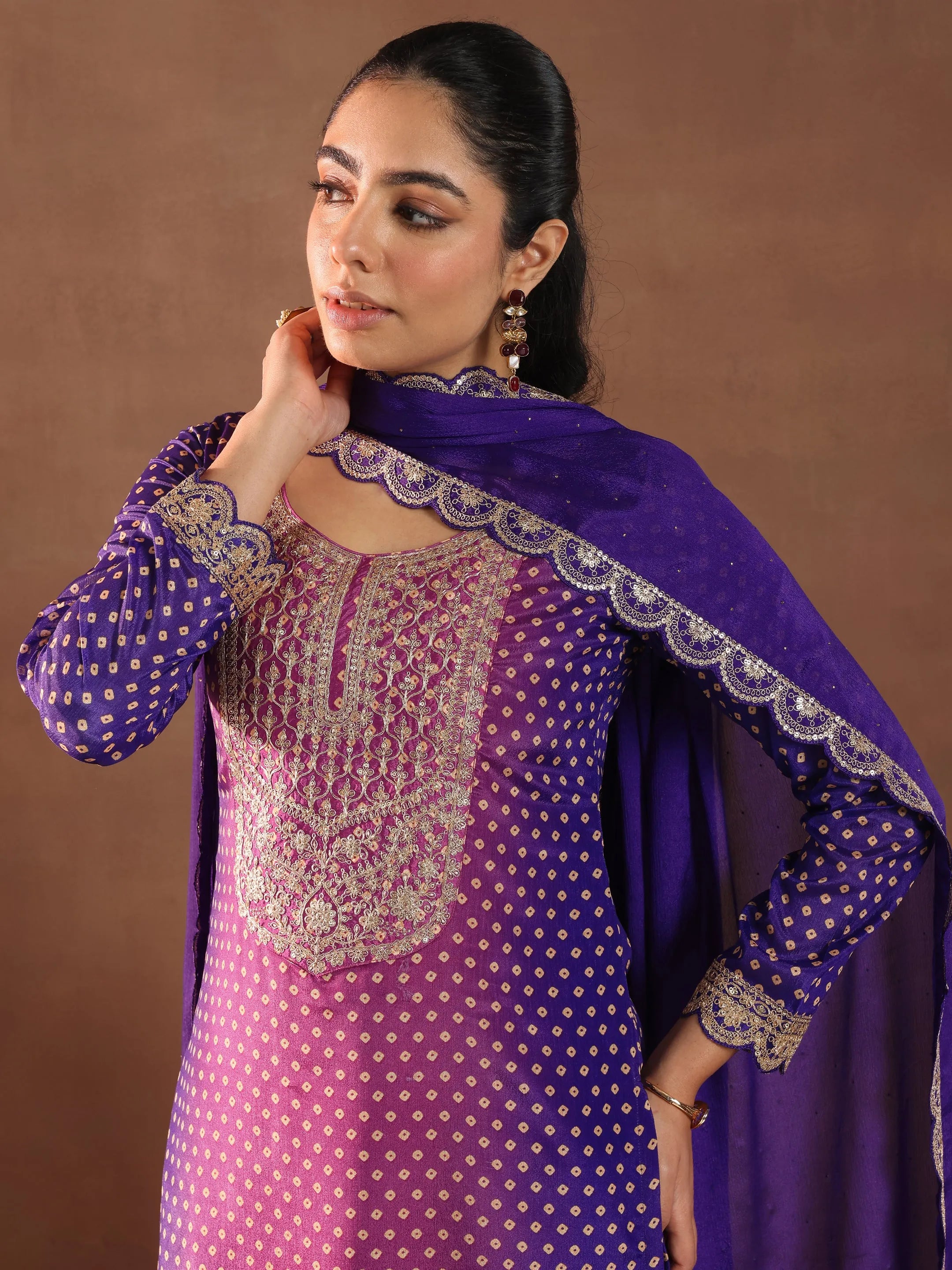 Purple Printed Silk Blend Straight Suit With Dupatta