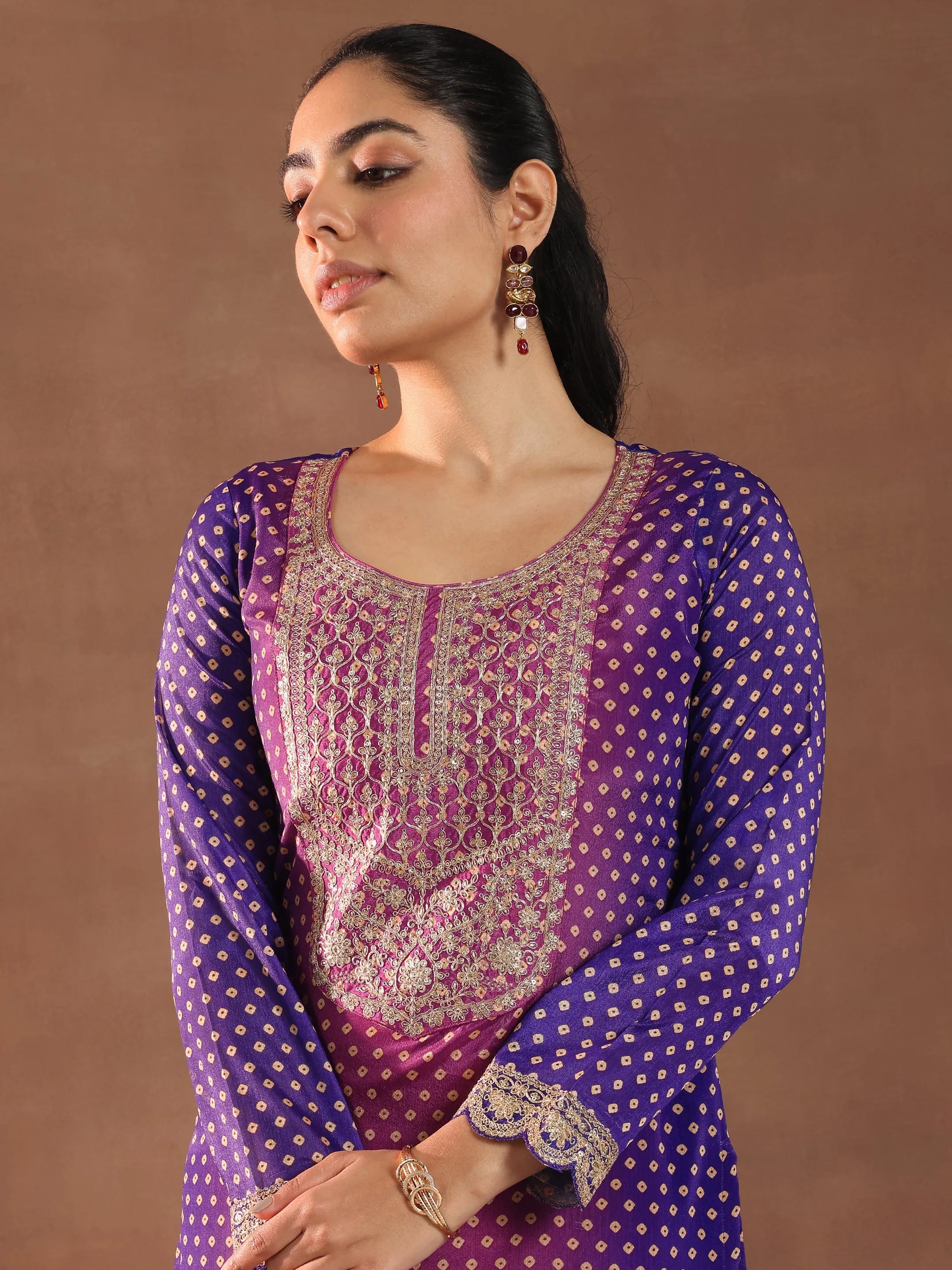 Purple Printed Silk Blend Straight Suit With Dupatta