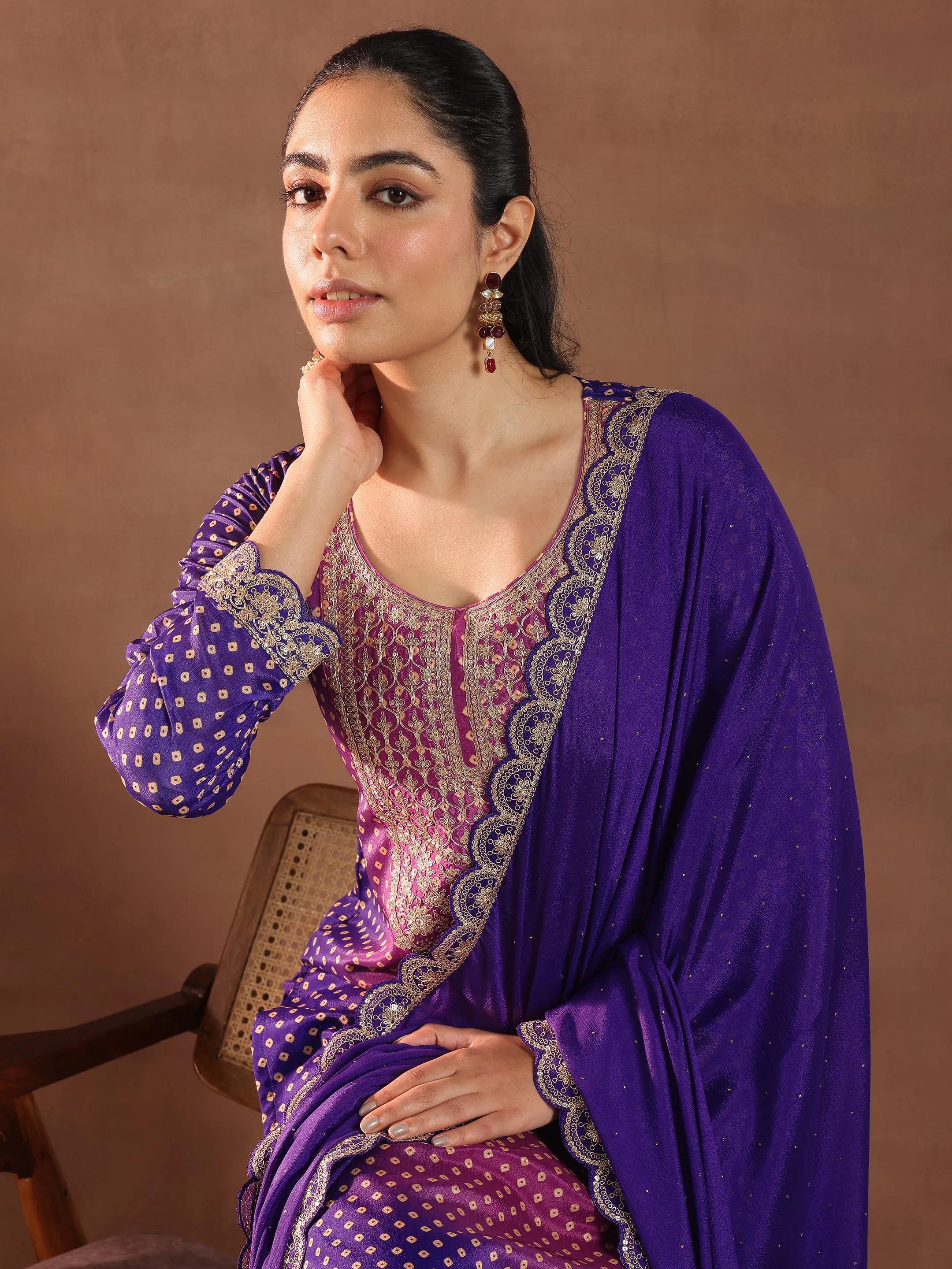 Purple Printed Silk Blend Straight Suit With Dupatta