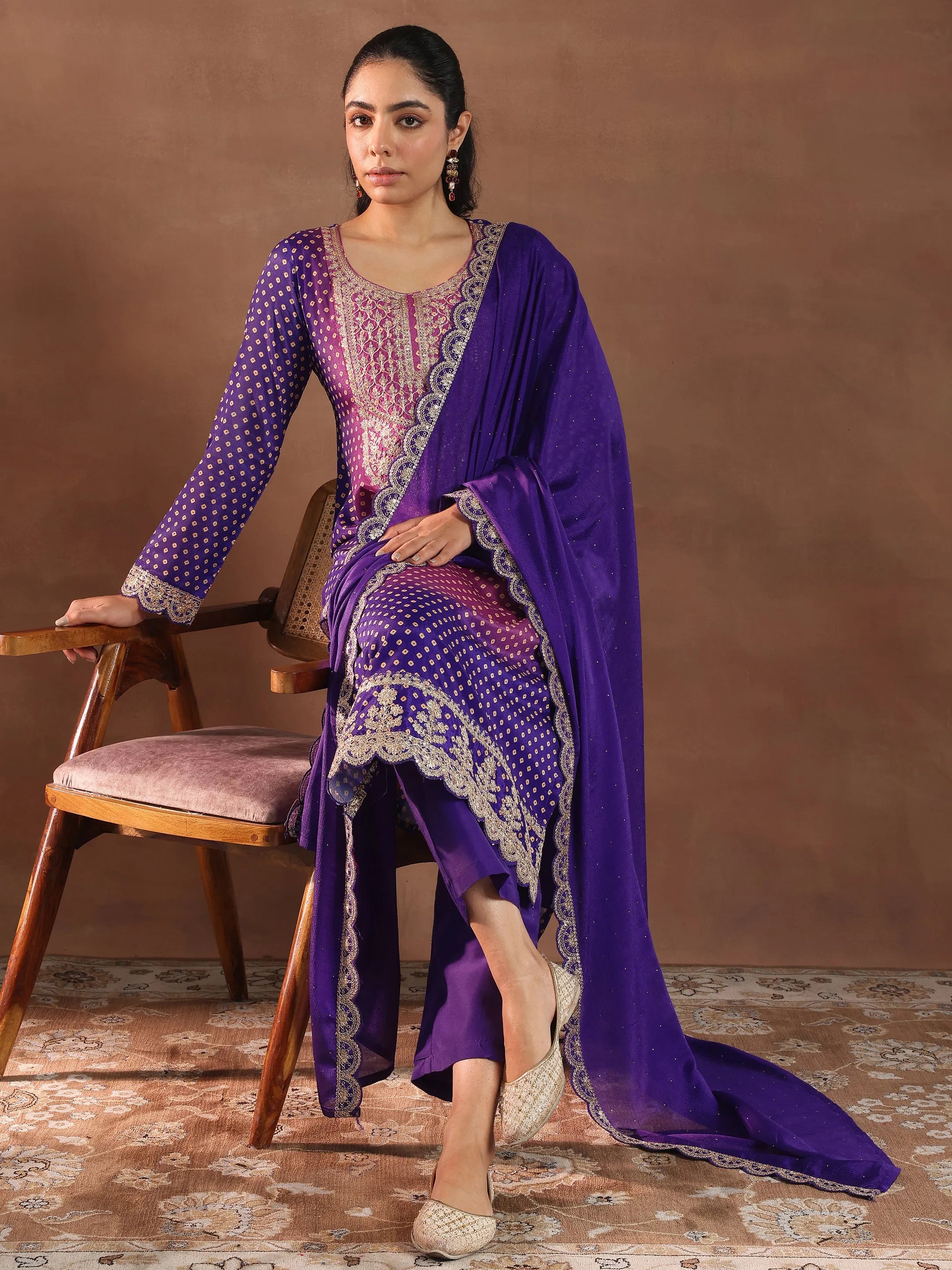 Purple Printed Silk Blend Straight Suit With Dupatta