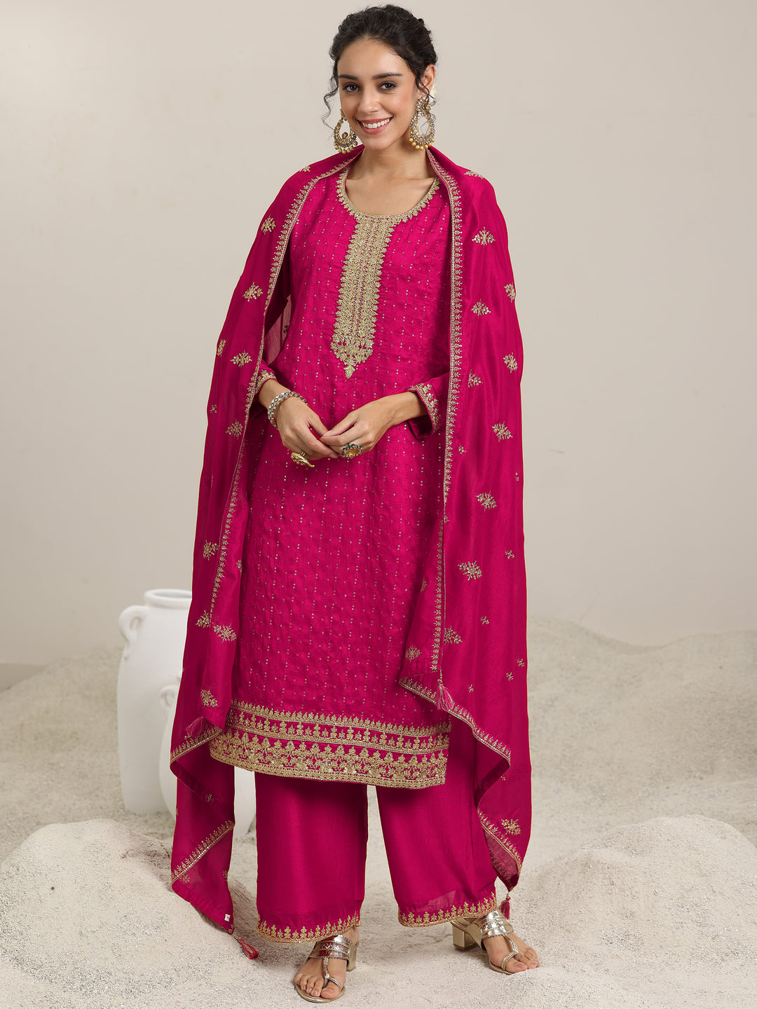 Pink Embellished Silk Blend Straight Kurta With Palazzos & Dupatta