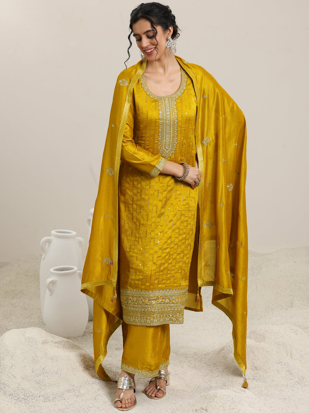 Mustard Embellished Silk Blend Straight Kurta With Palazzos & Dupatta