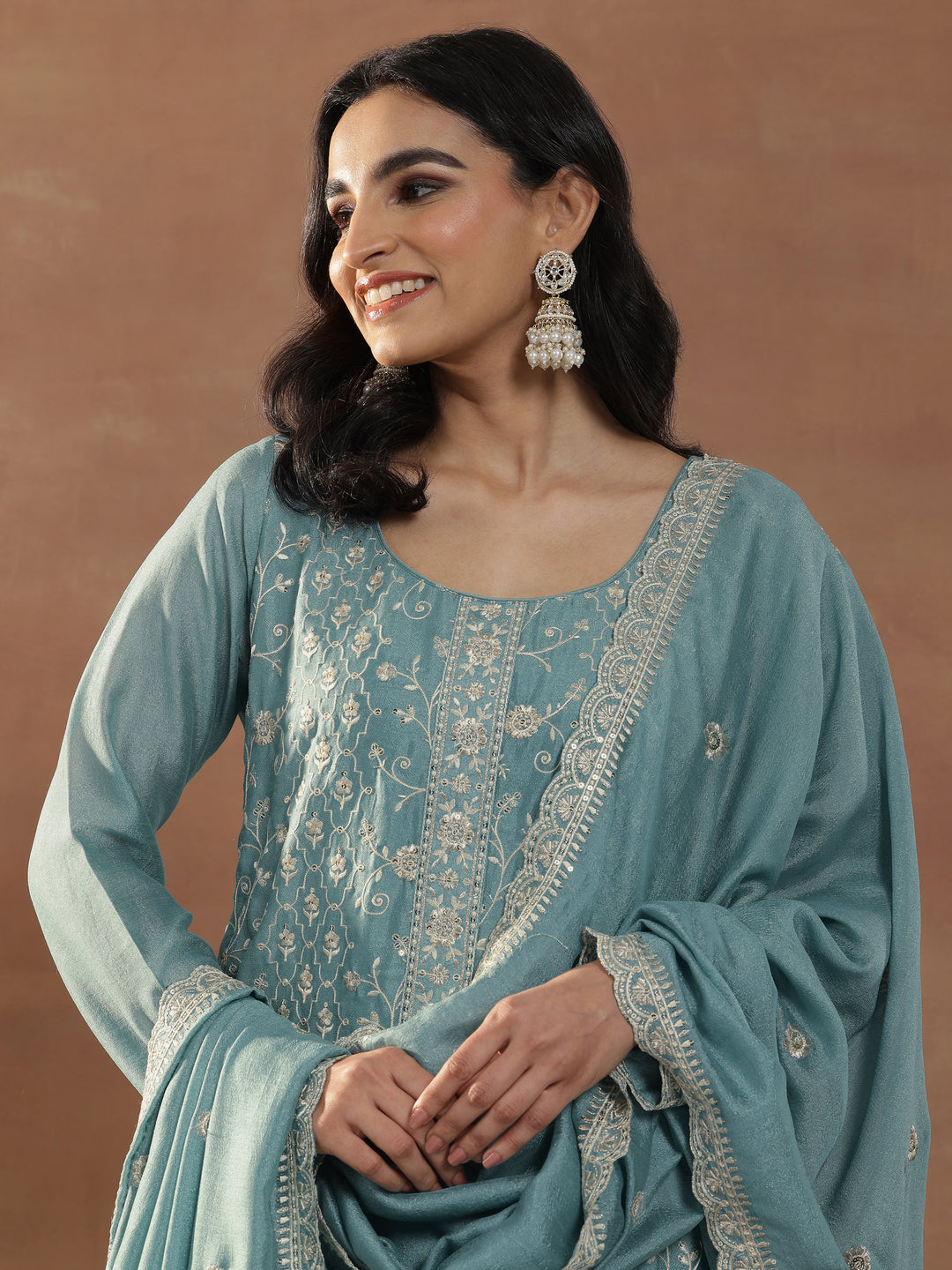 Blue Embroidered Silk Blend Straight Suits With Dupatta