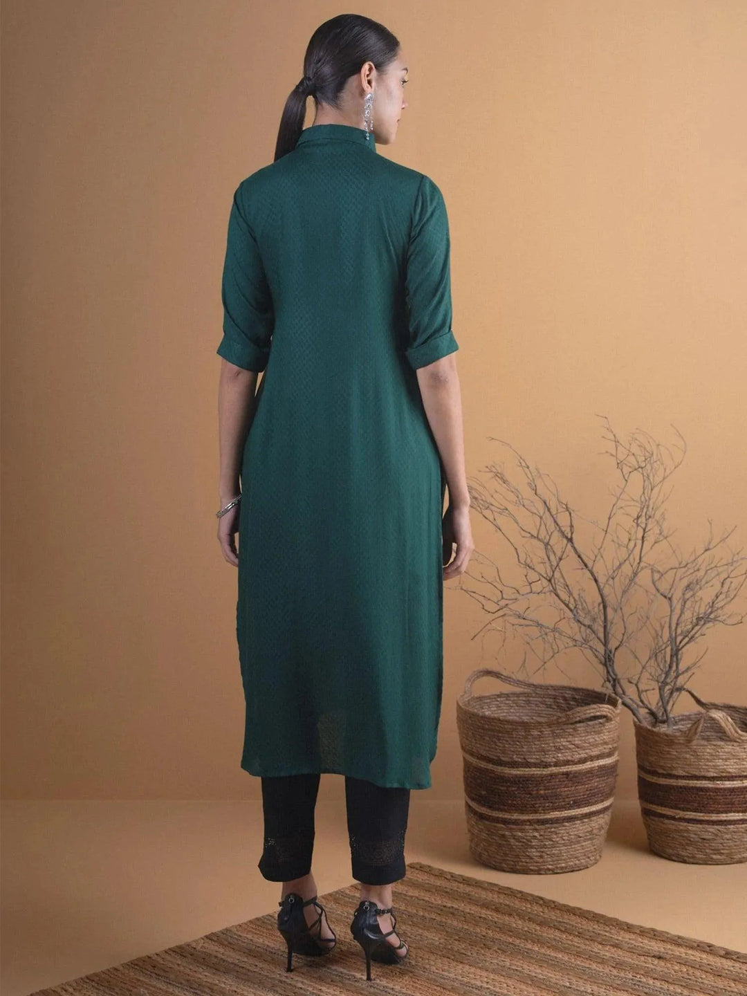 Green Woven Design Rayon Kurta - ShopLibas