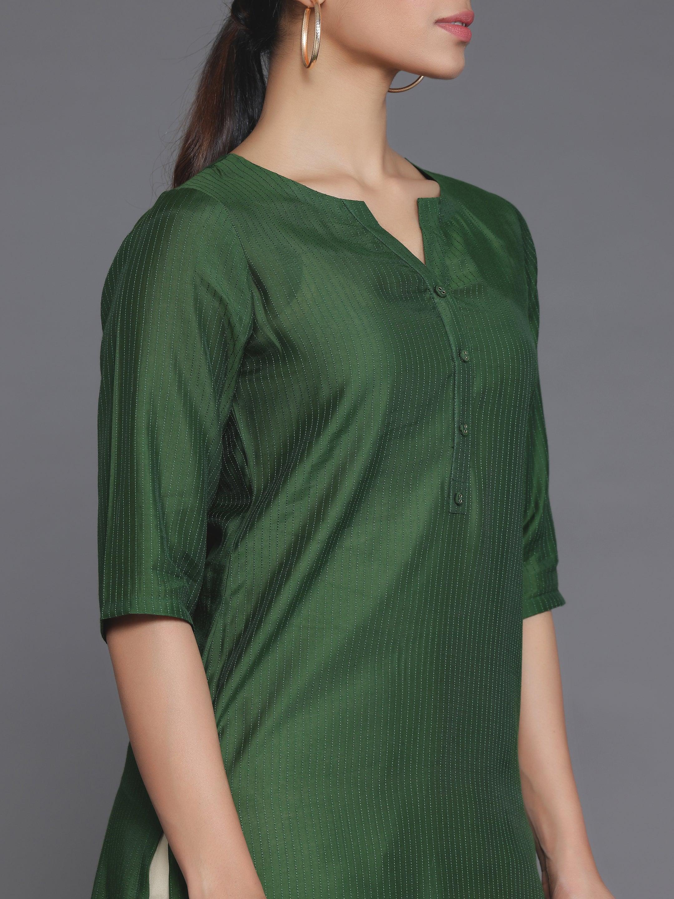 Green Woven Design Silk Straight Kurta