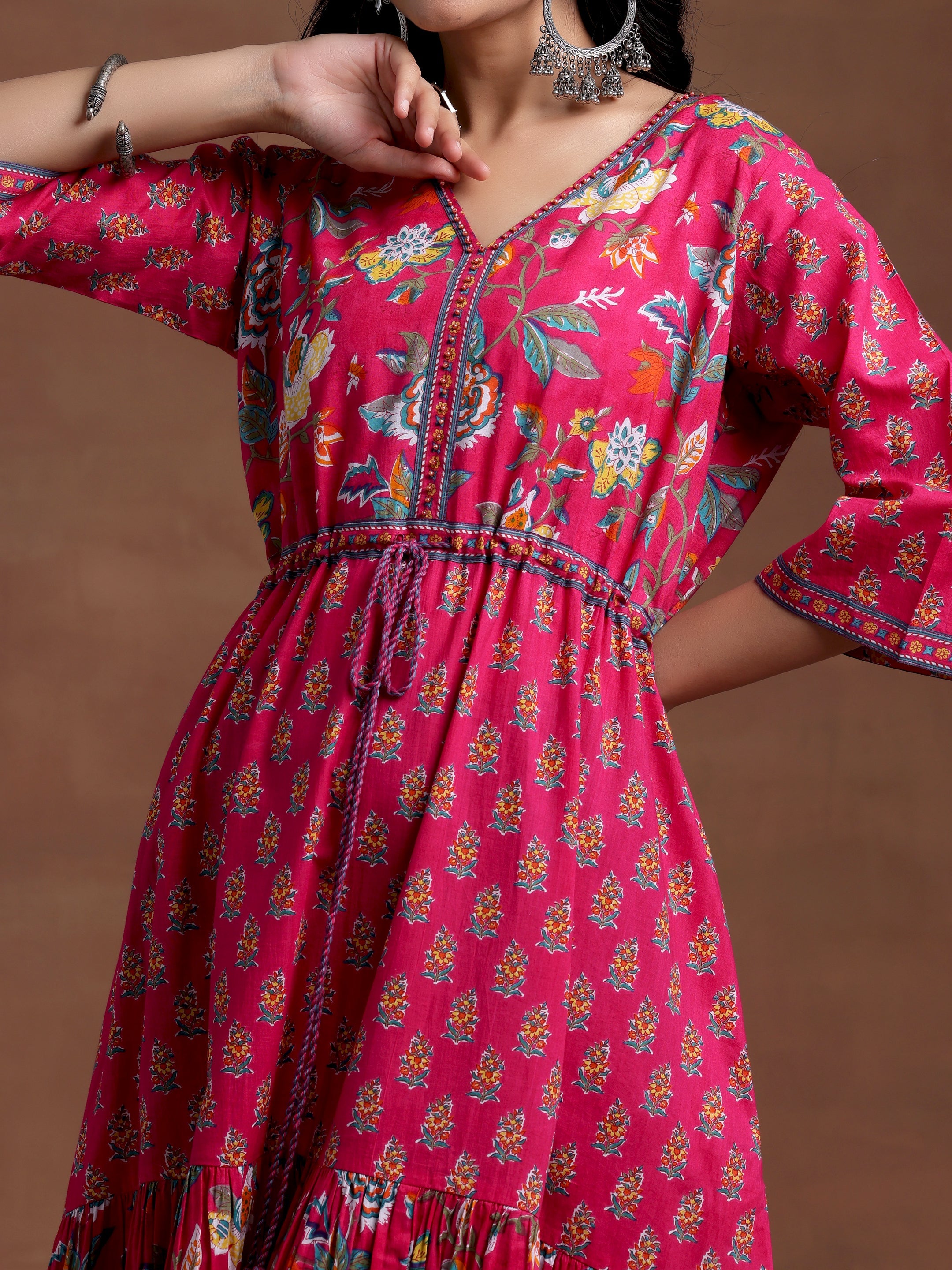 Pink Printed Cotton Fit and Flare Dress