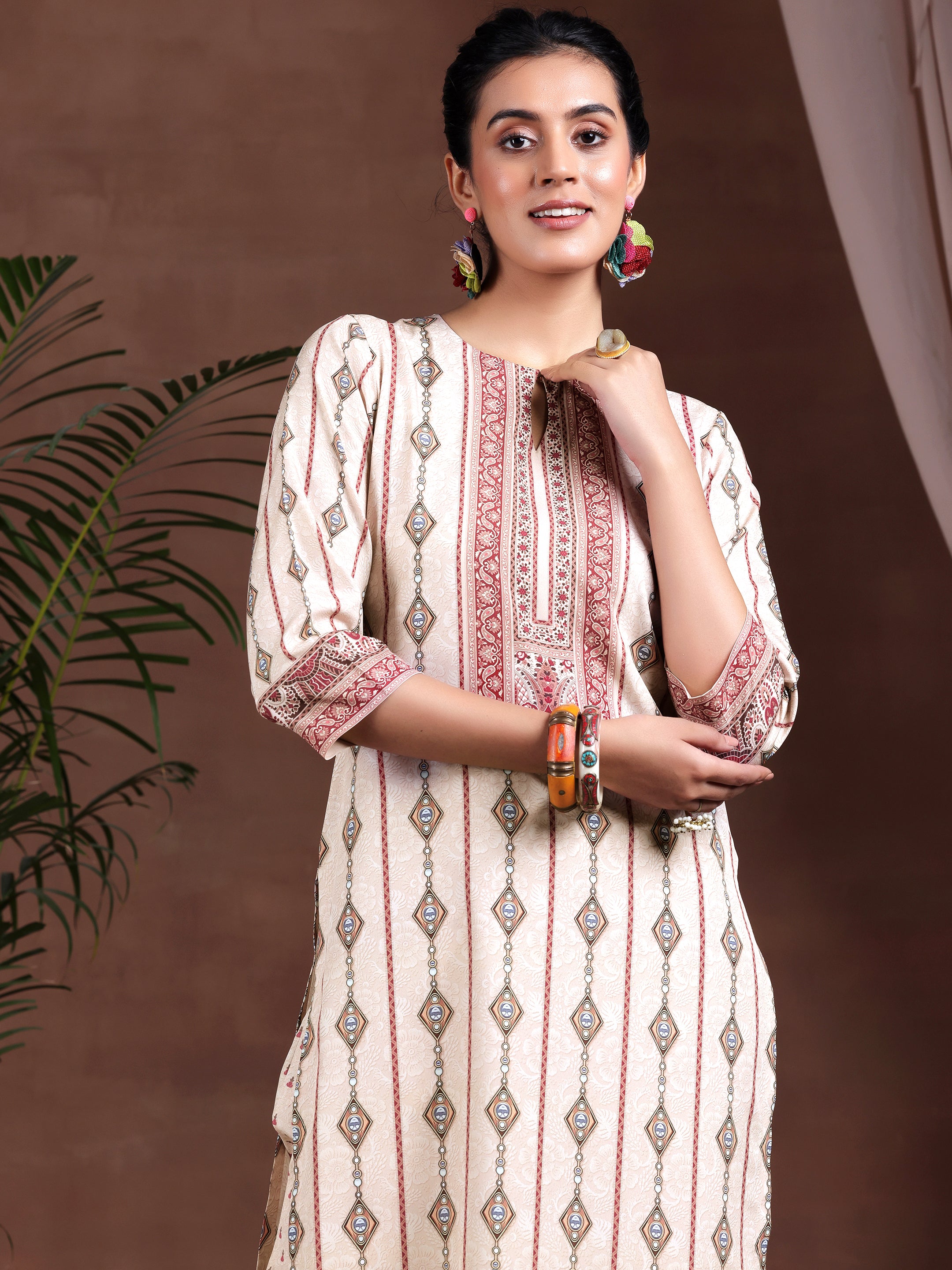 Beige Printed Poly Crepe Straight Suit With Dupatta