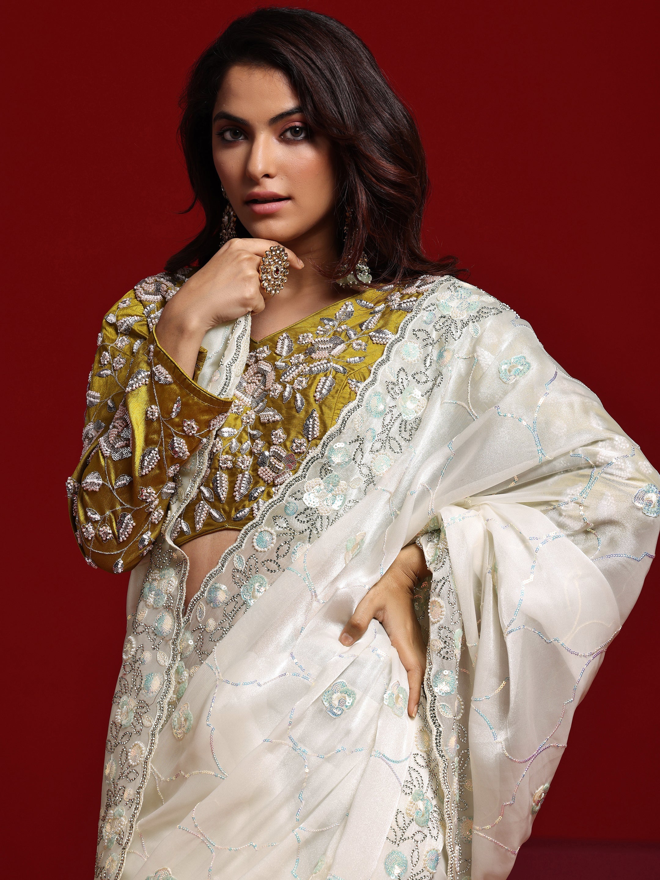 Libas Art Off White Embellished Tissue Saree With Unstitched Blouse Piece