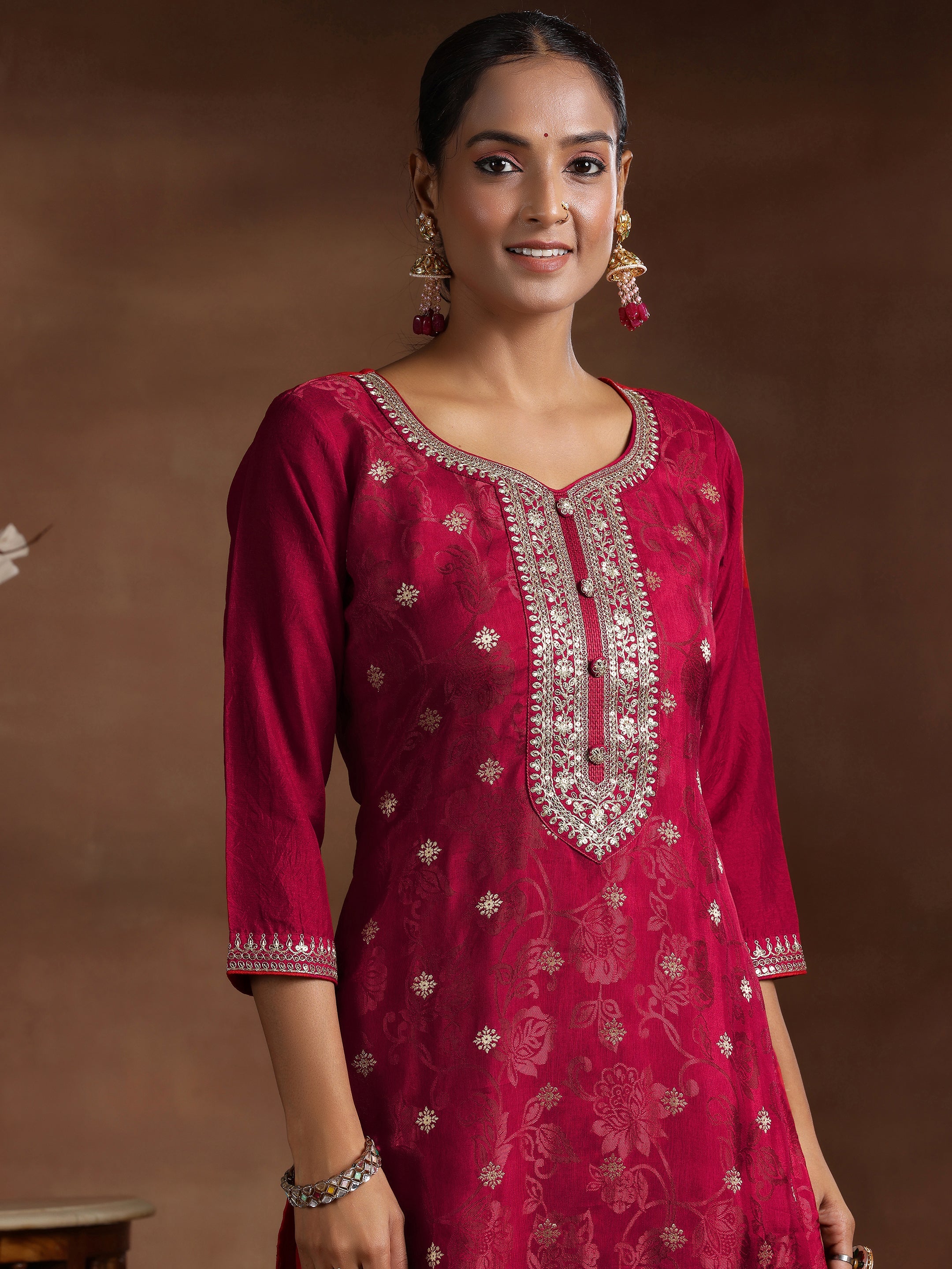 Maroon Woven Design Silk Blend Straight Suit With Dupatta