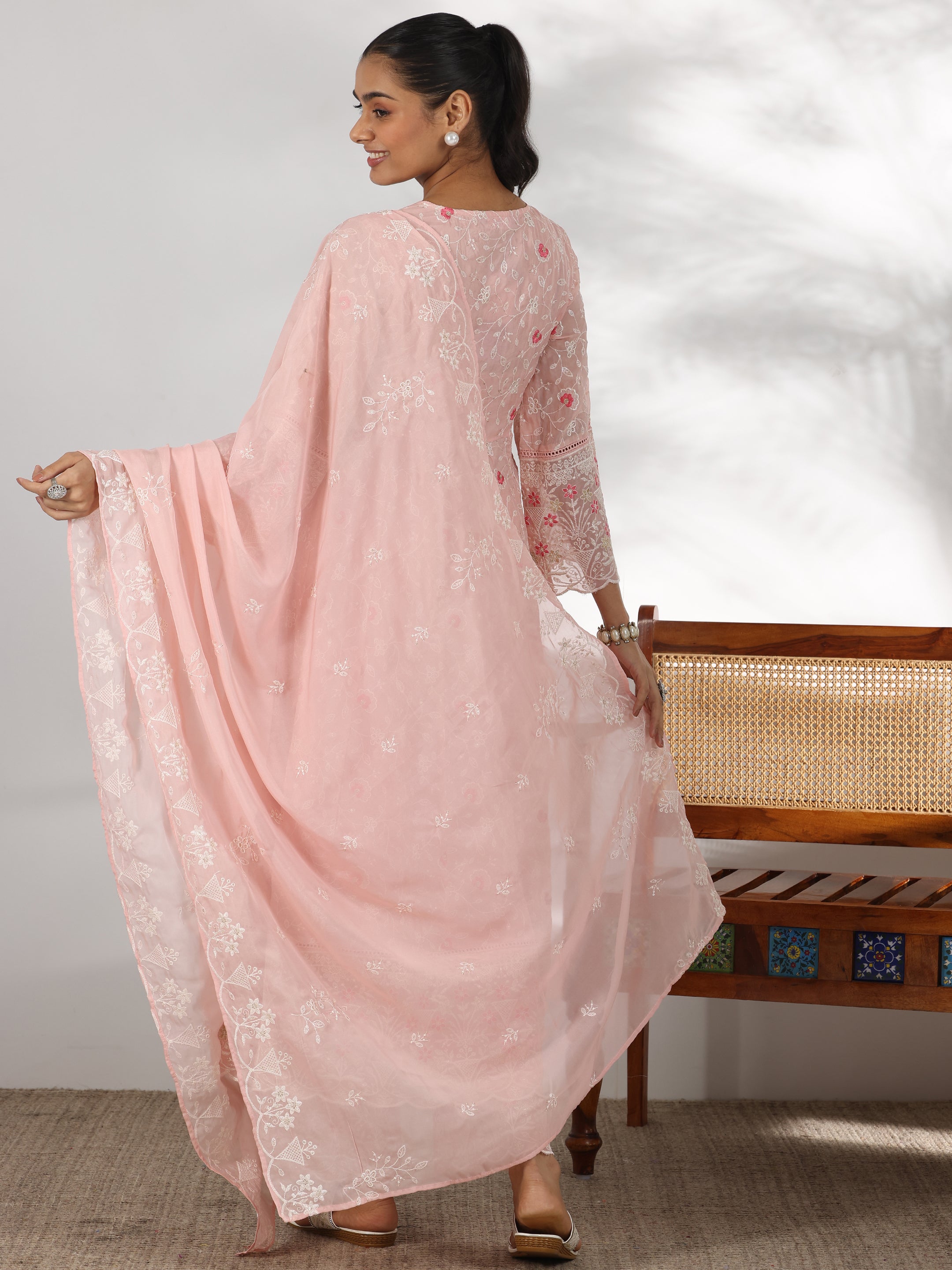 Pink Embroidered Organza Anarkali Suit With Dupatta