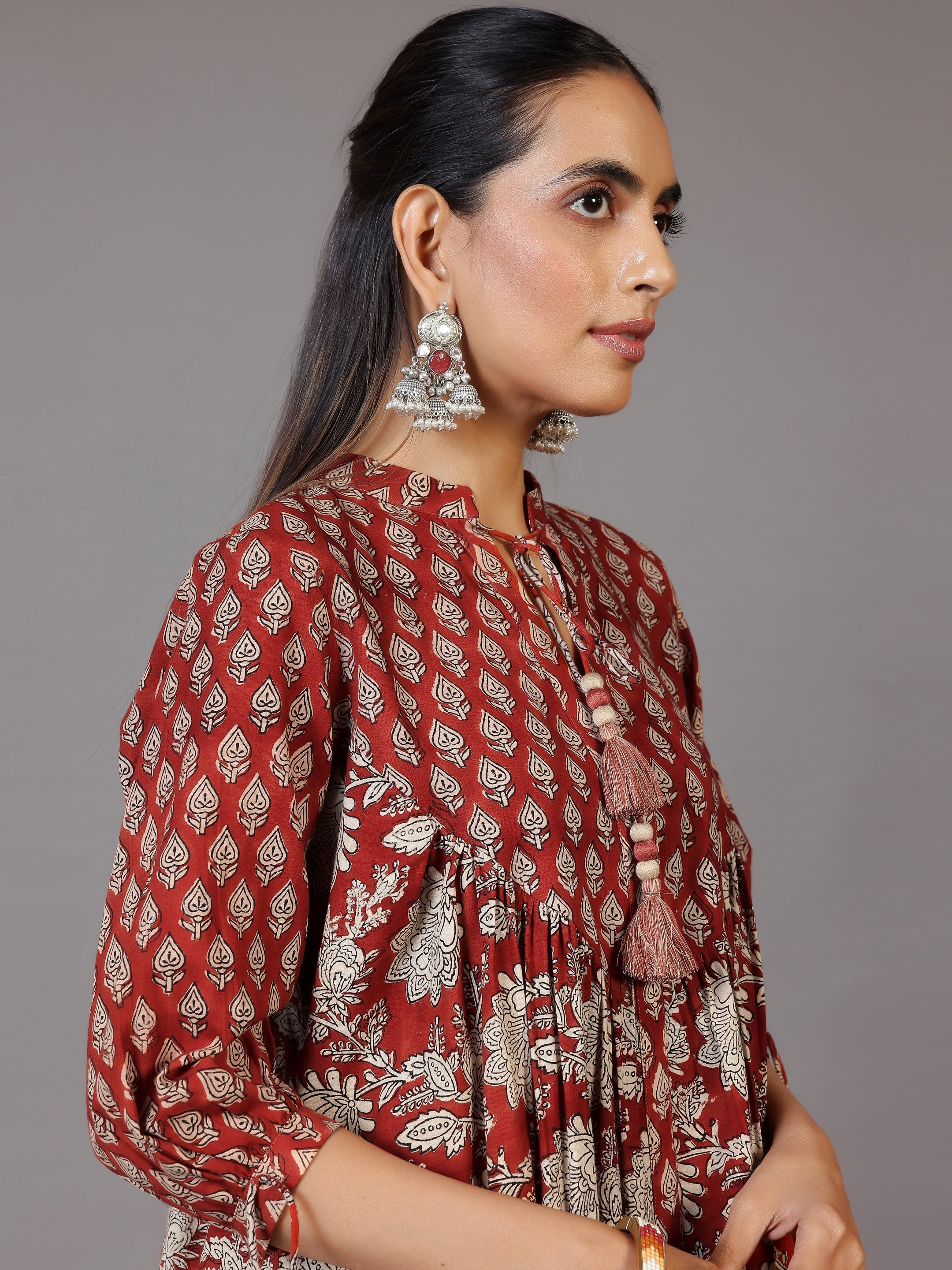 Rust Printed Cotton A-Line Kurti