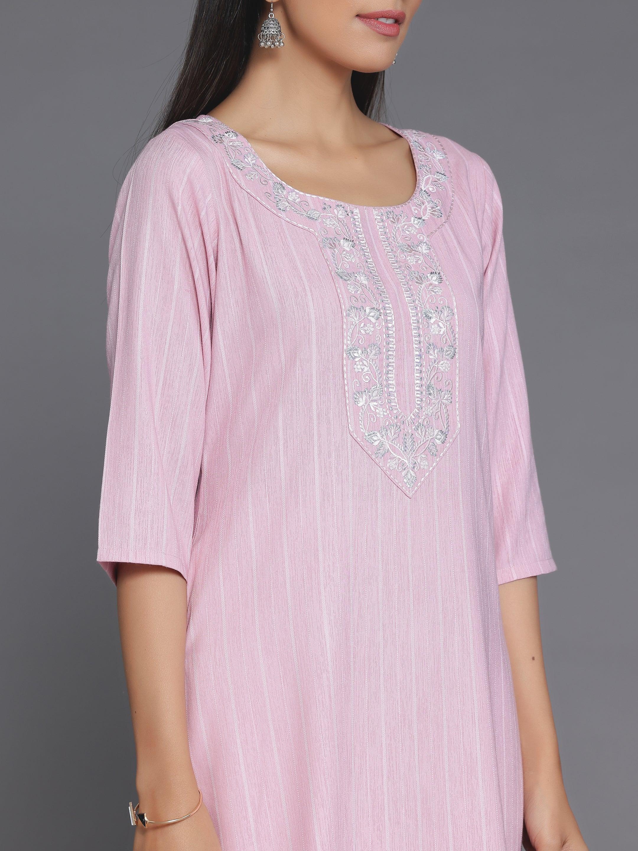 Pink Woven Design Rayon Straight Kurta