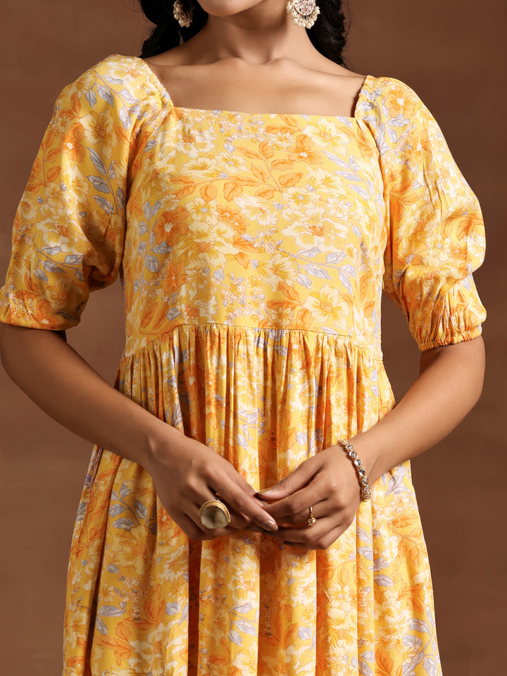 Yellow Printed Rayon Fit and Flare Dress