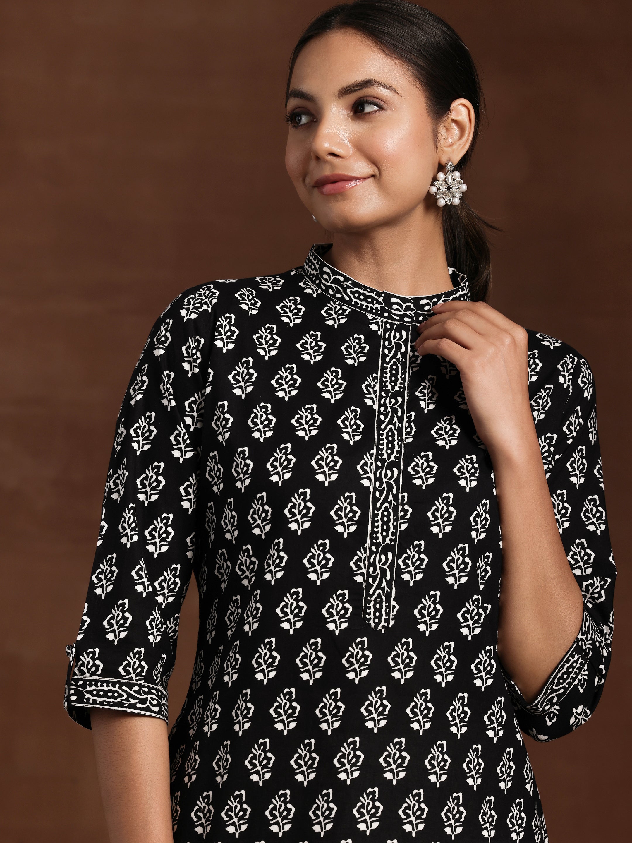 Black Printed Cotton A-Line Kurti