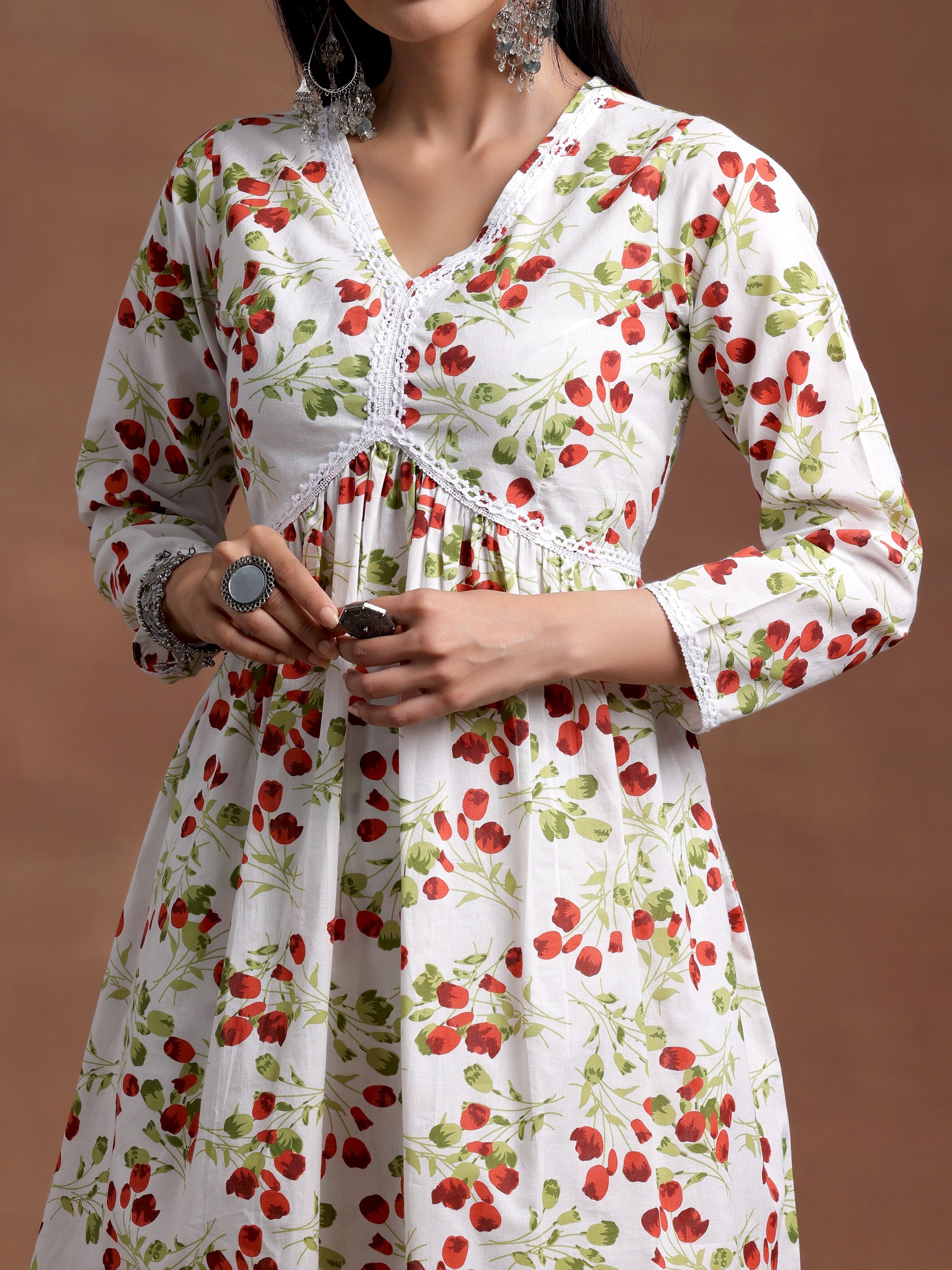 Off White Printed Cotton A-Line Kurta With Sharara & Dupatta