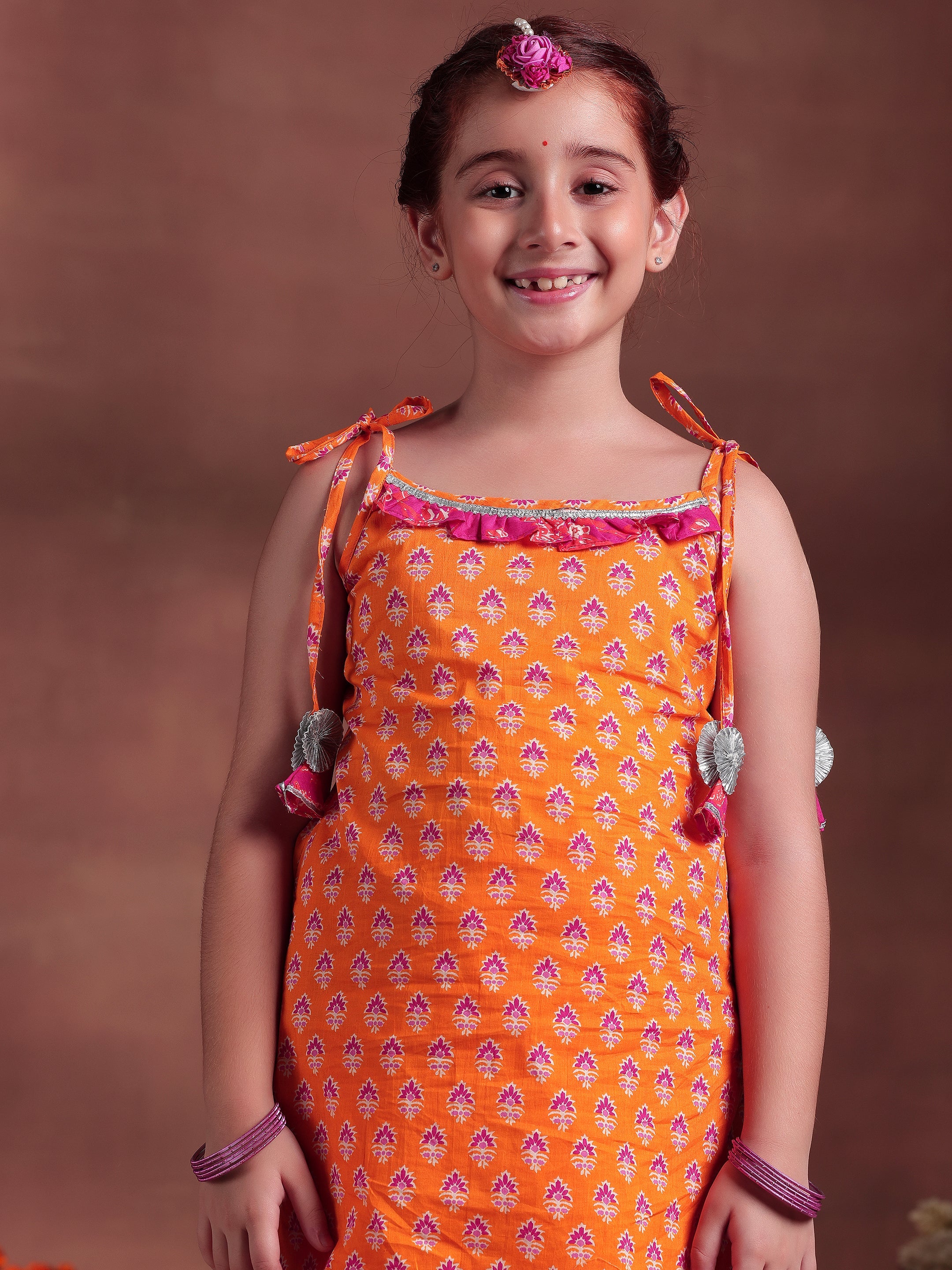 Kids Orange Printed Cotton Straight Suit With Dupatta