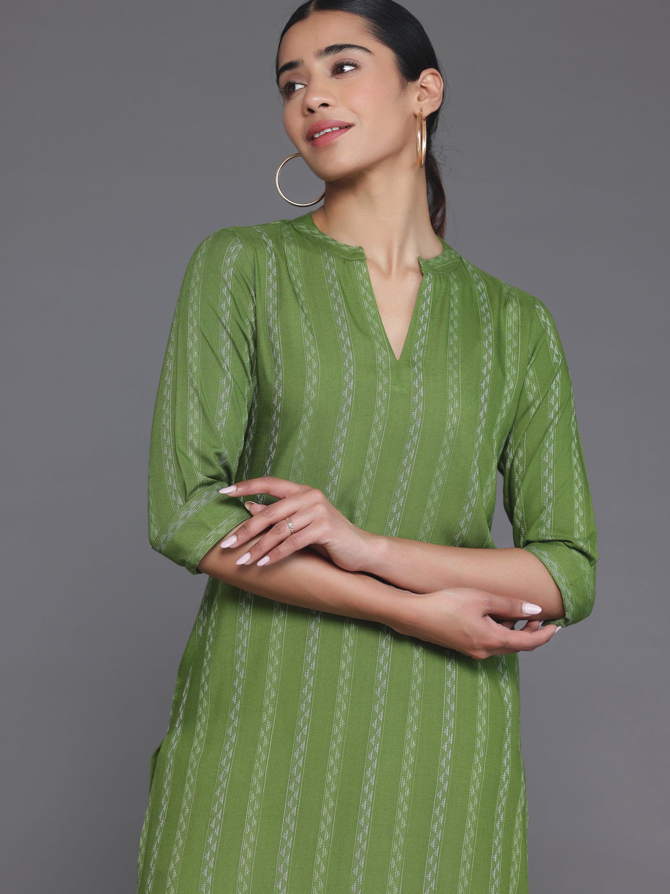 Green Striped Rayon Straight Kurta