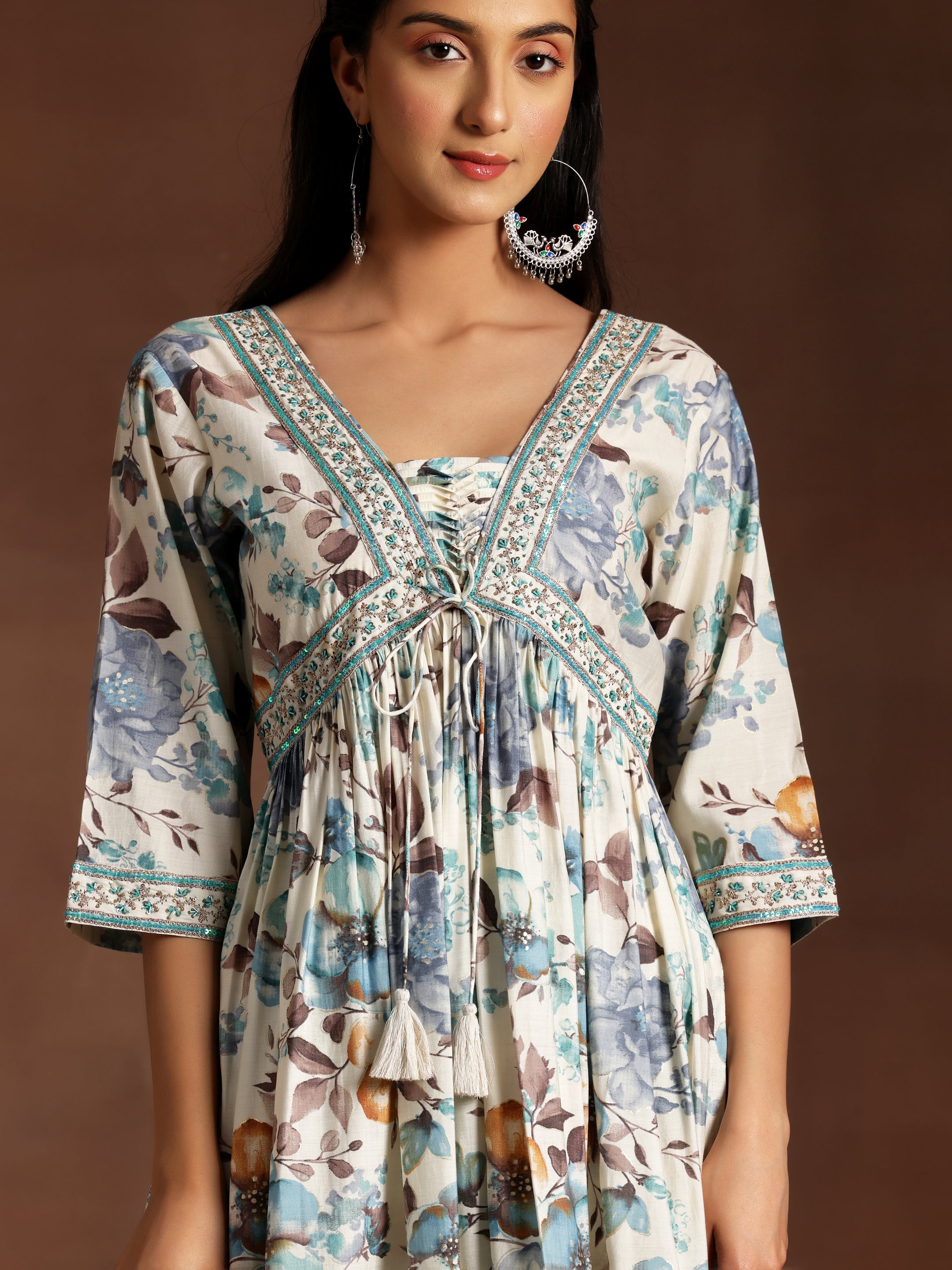 Off white Printed Silk Blend A-Line Kurta With Palazzos & Dupatta