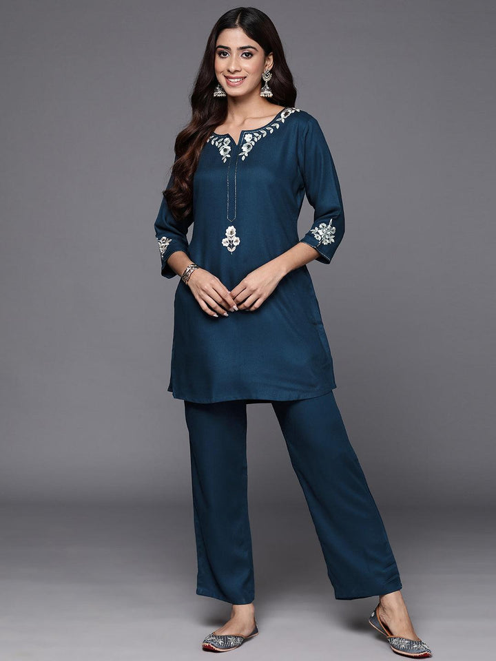 Teal Self Design Wool Blend Tunic With Trousers - ShopLibas