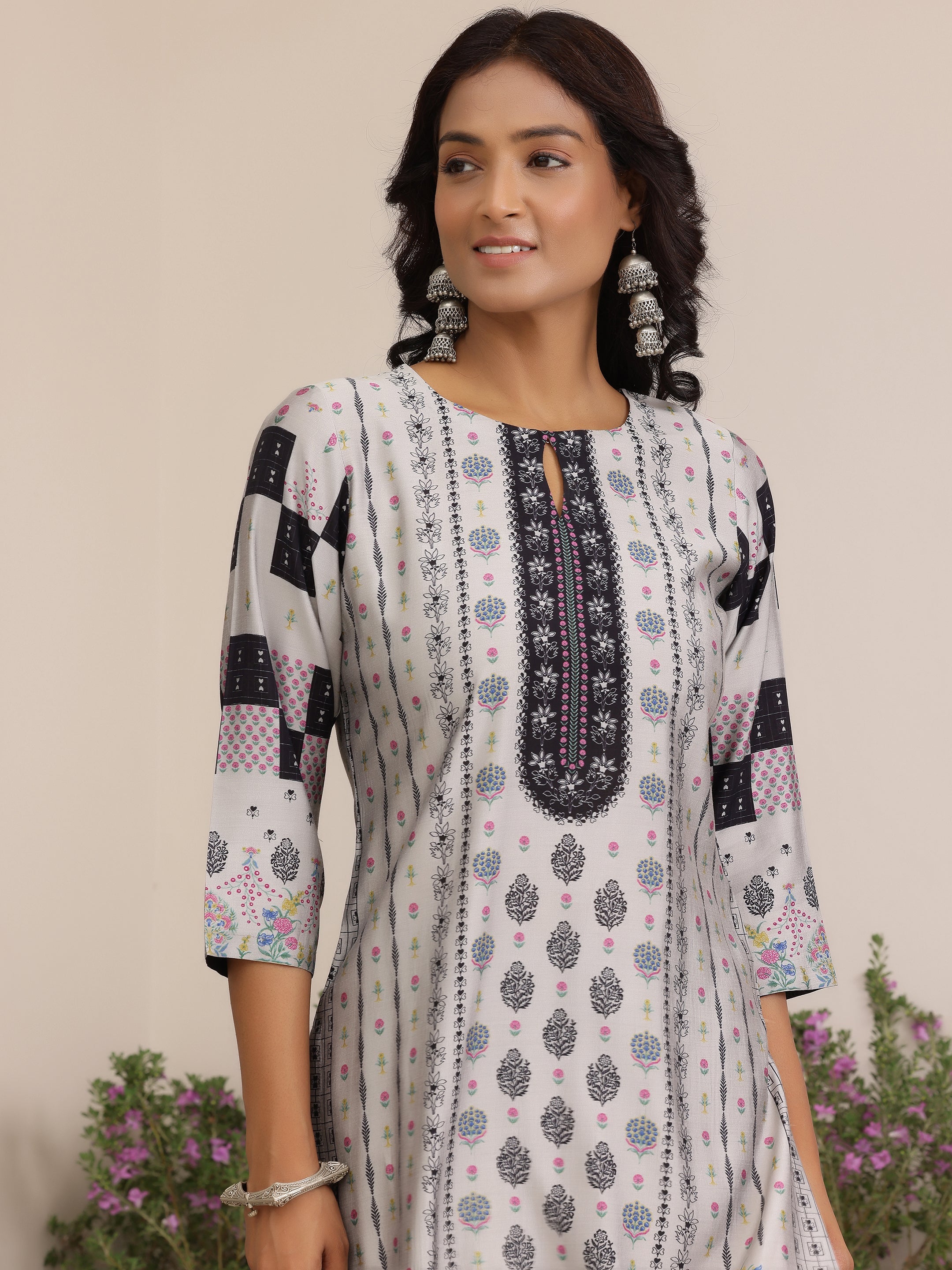 Grey Printed Silk Blend Straight Suit With Dupatta