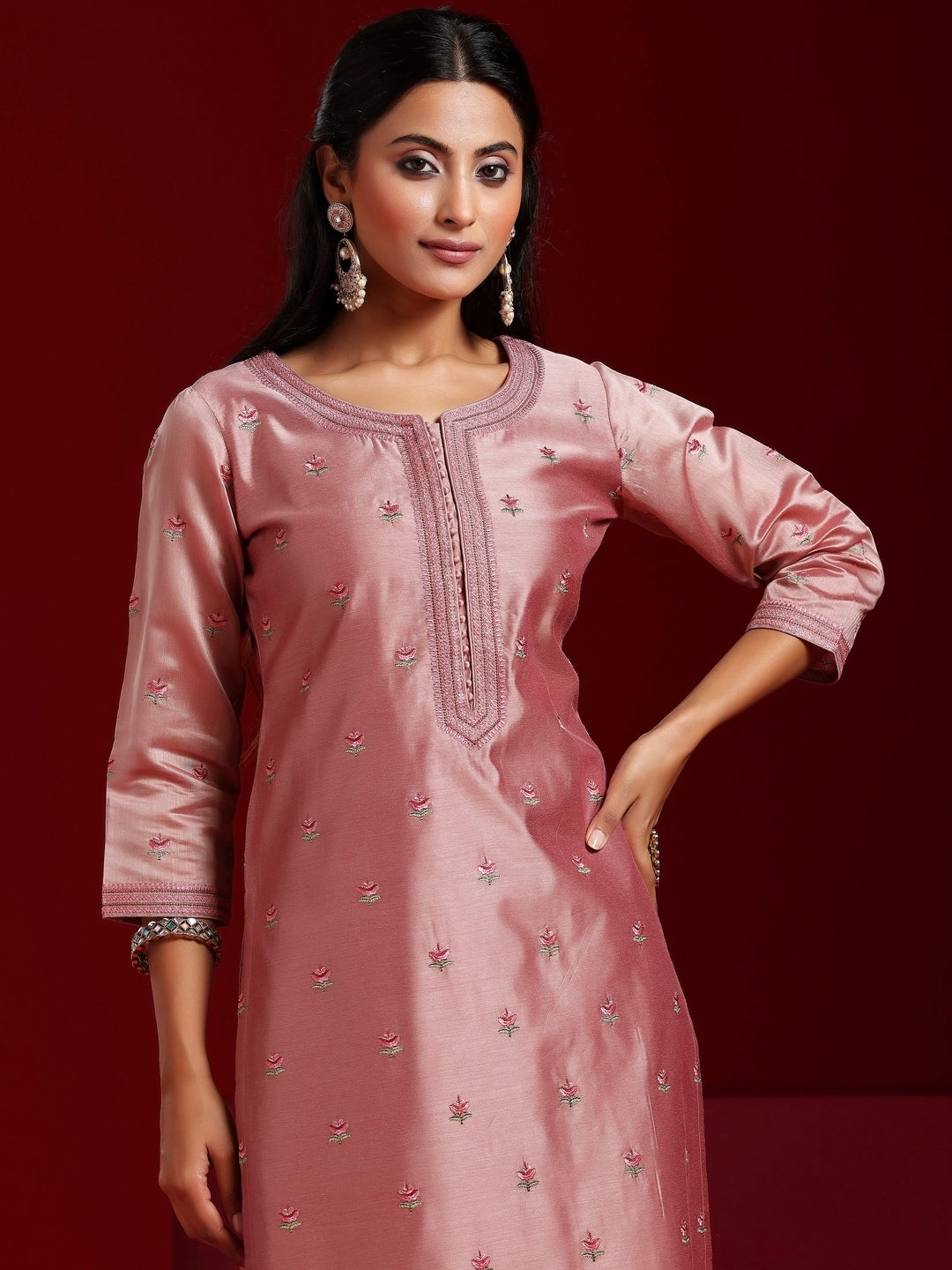 Libas Art Pink Embroidered Chanderi Silk Straight Suit With Dupatta