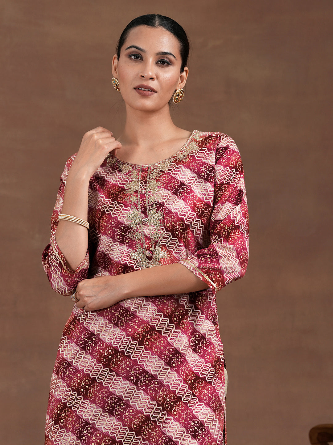 Maroon Printed Rayon Straight Kurta