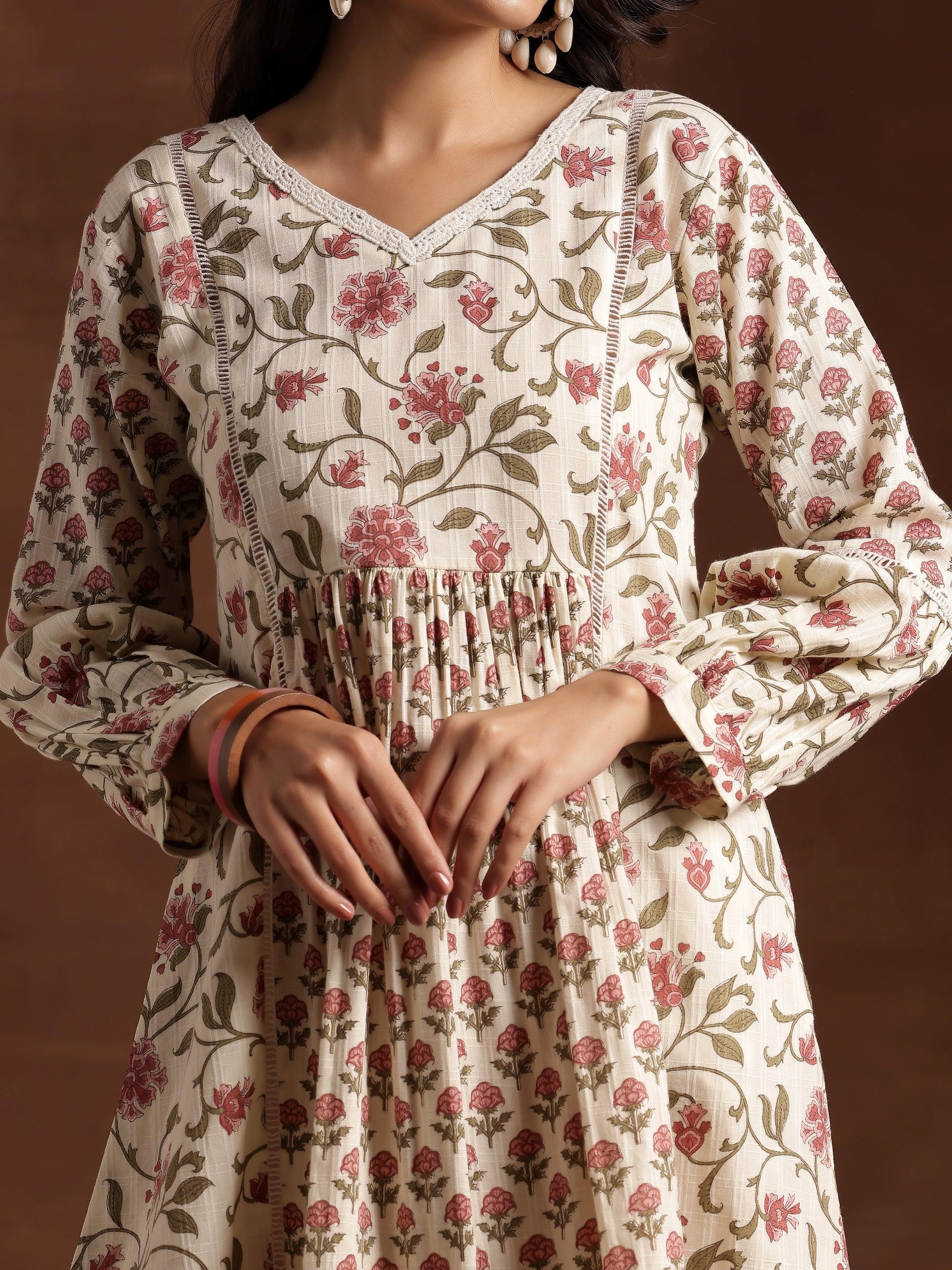 Beige Printed Cotton A-Line Dress