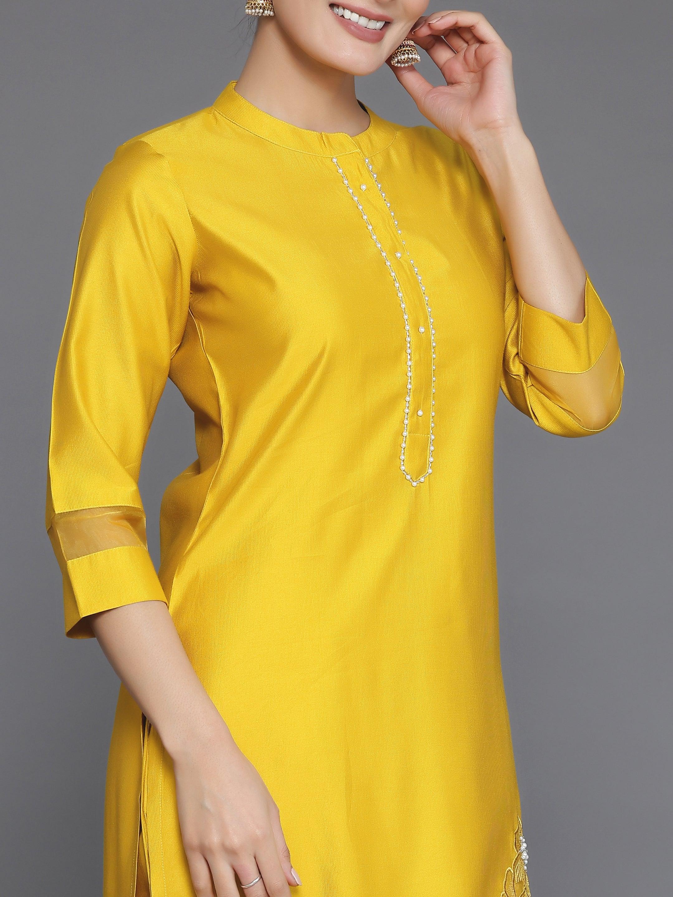 Yellow Solid Silk Blend Straight Suit With Dupatta