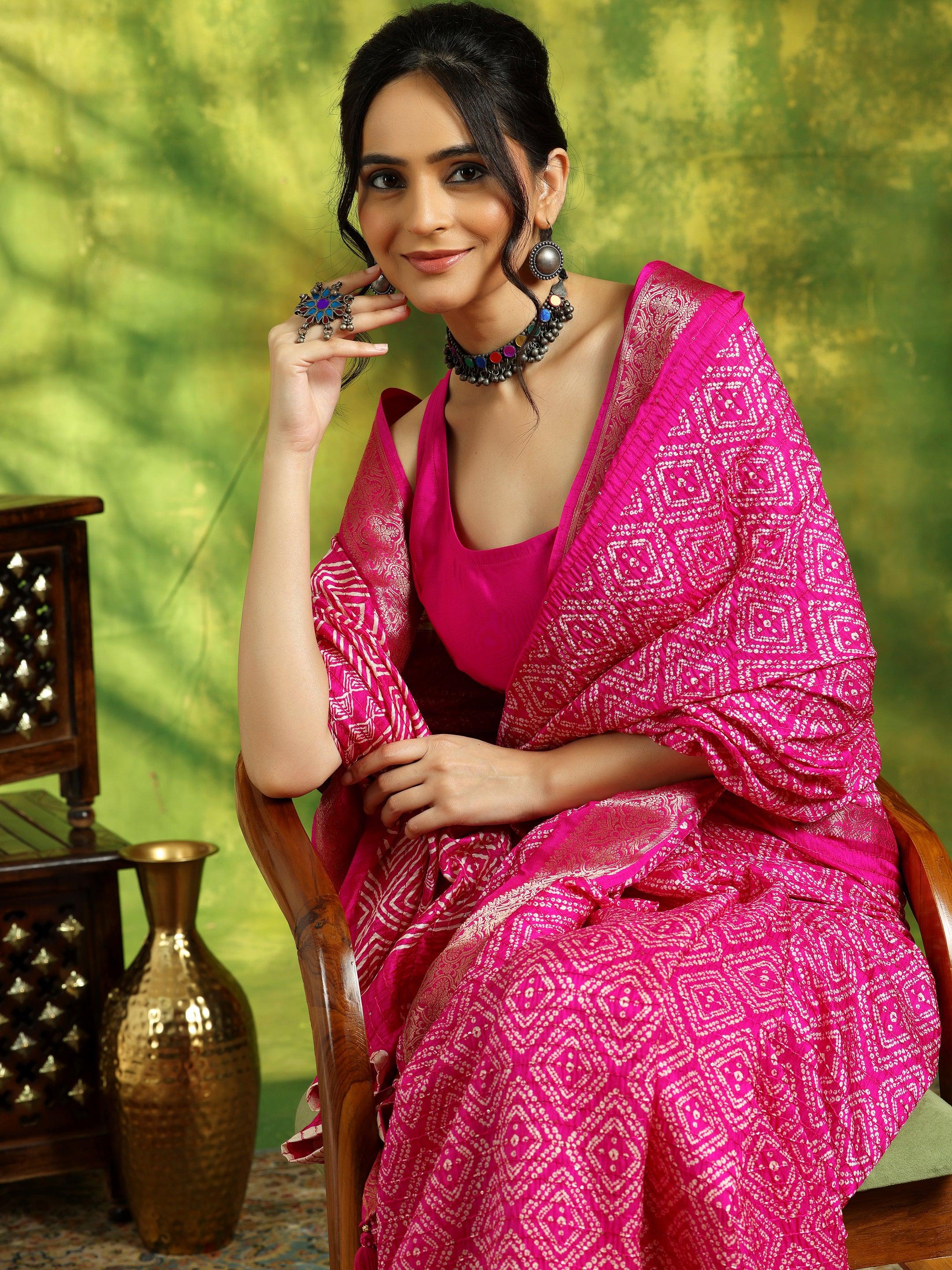 Pink Printed Silk Blend Saree With Unstitched Blouse Piece