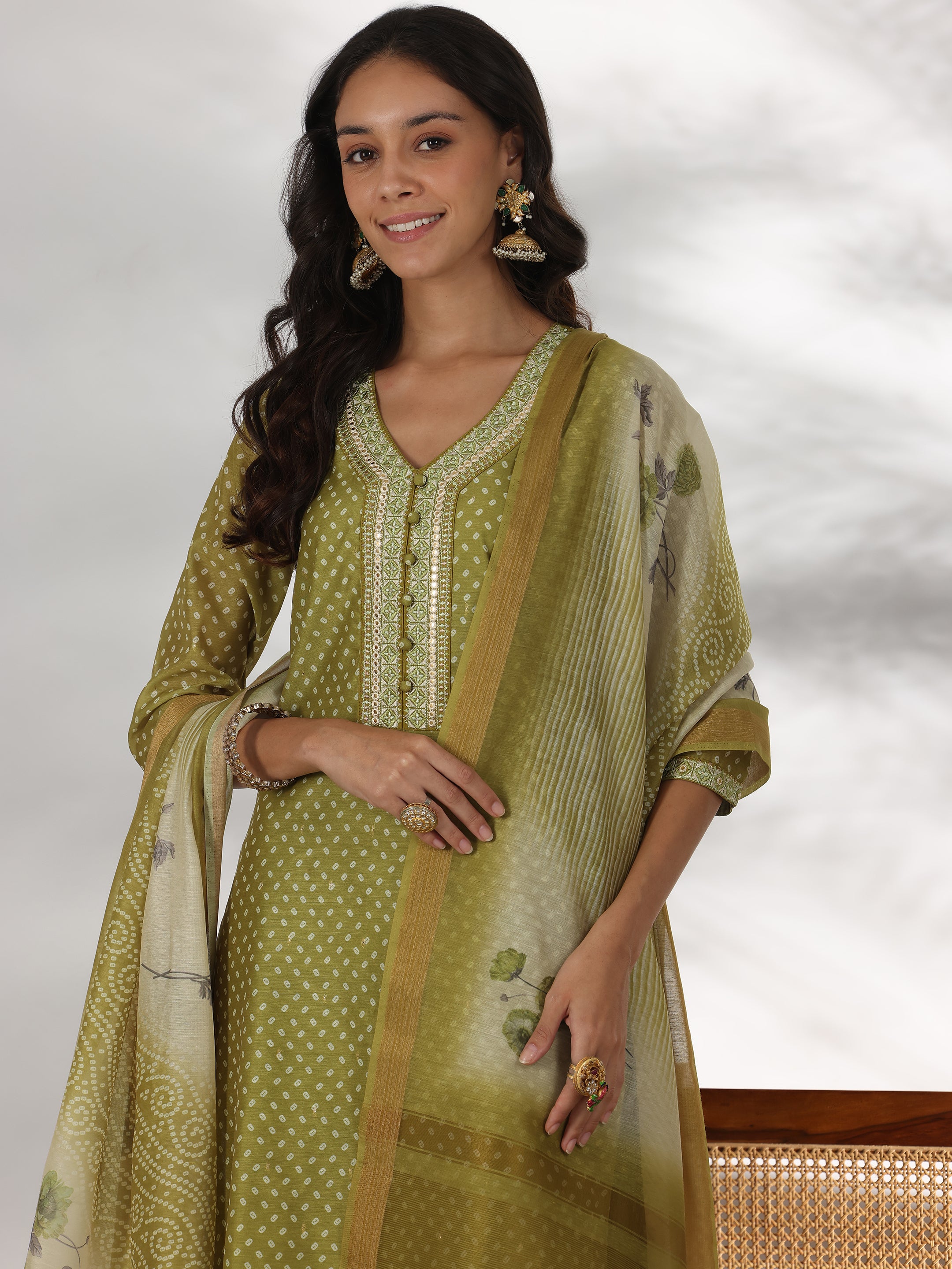 Green Printed Silk Blend Straight Suit With Dupatta