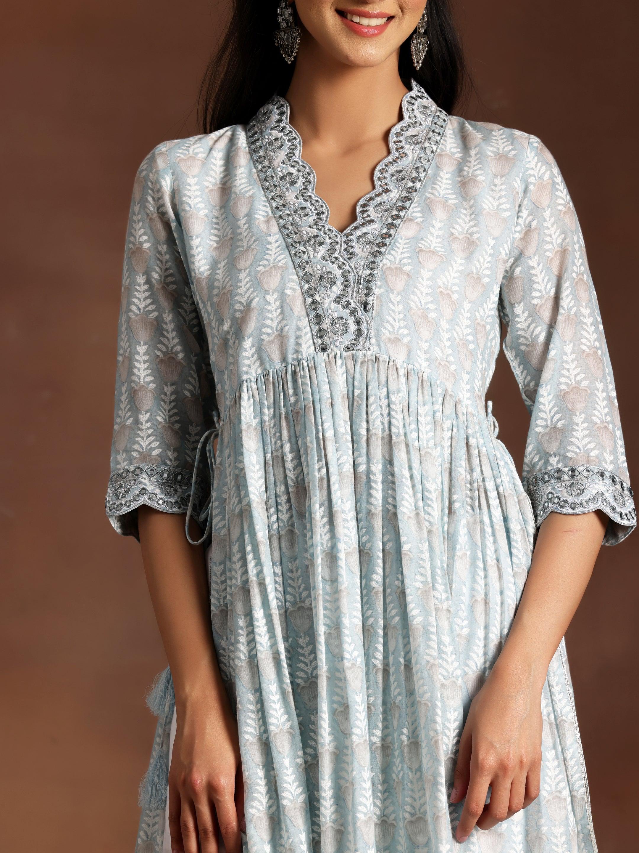 Grey Printed Cotton A-Line Kurta With Palazzos & Dupatta