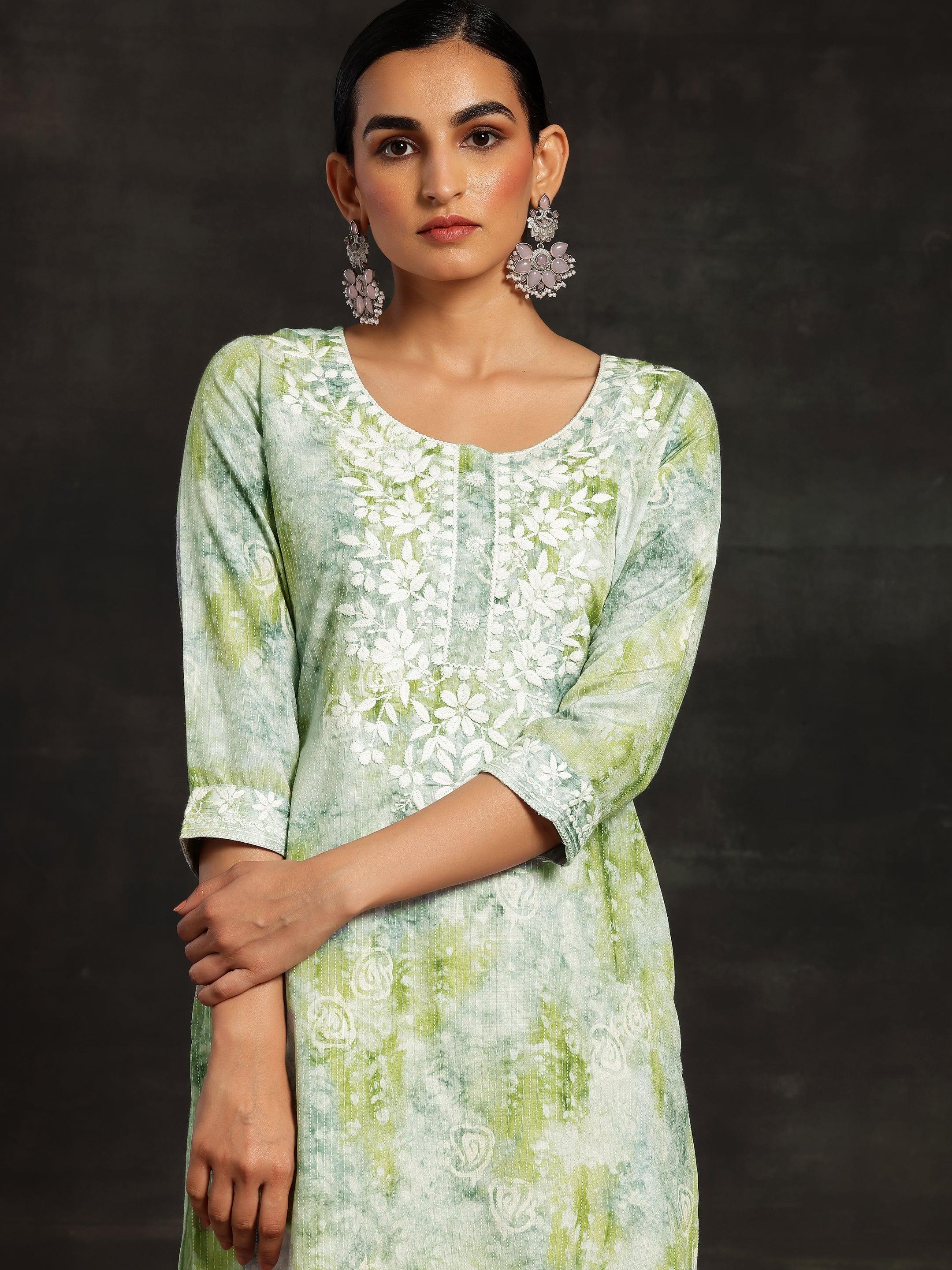 Green Printed Cotton Straight Kurta