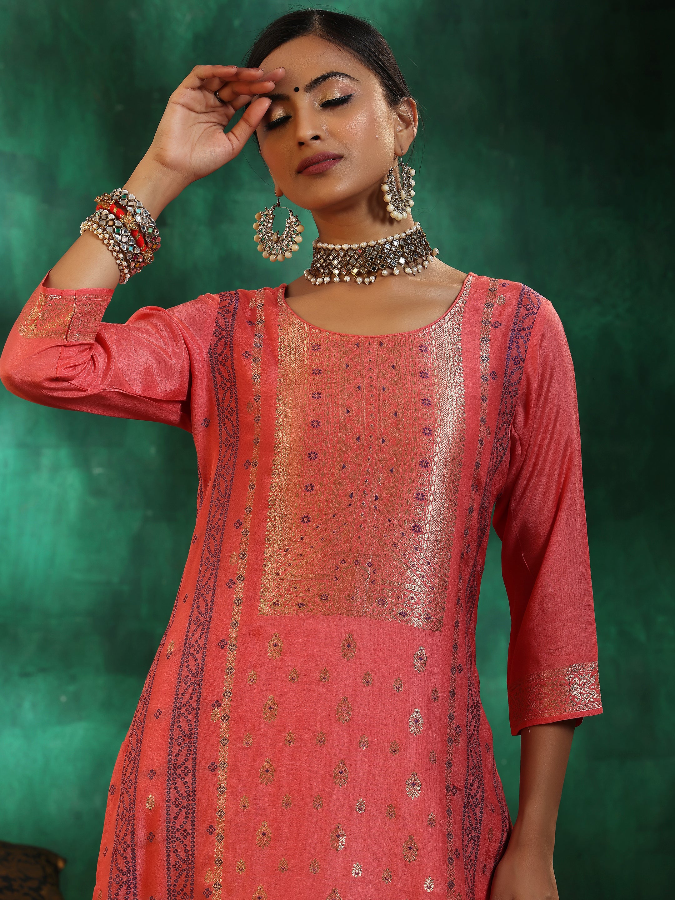 Peach Woven Design Silk Blend Straight Suit With Dupatta