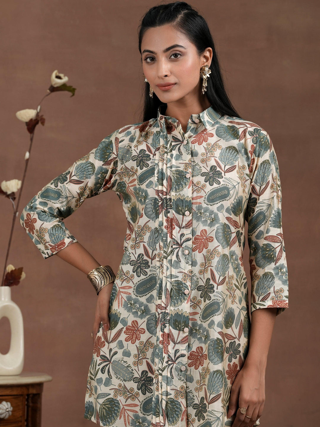 Beige Printed Silk Blend Straight Kurti - Libas