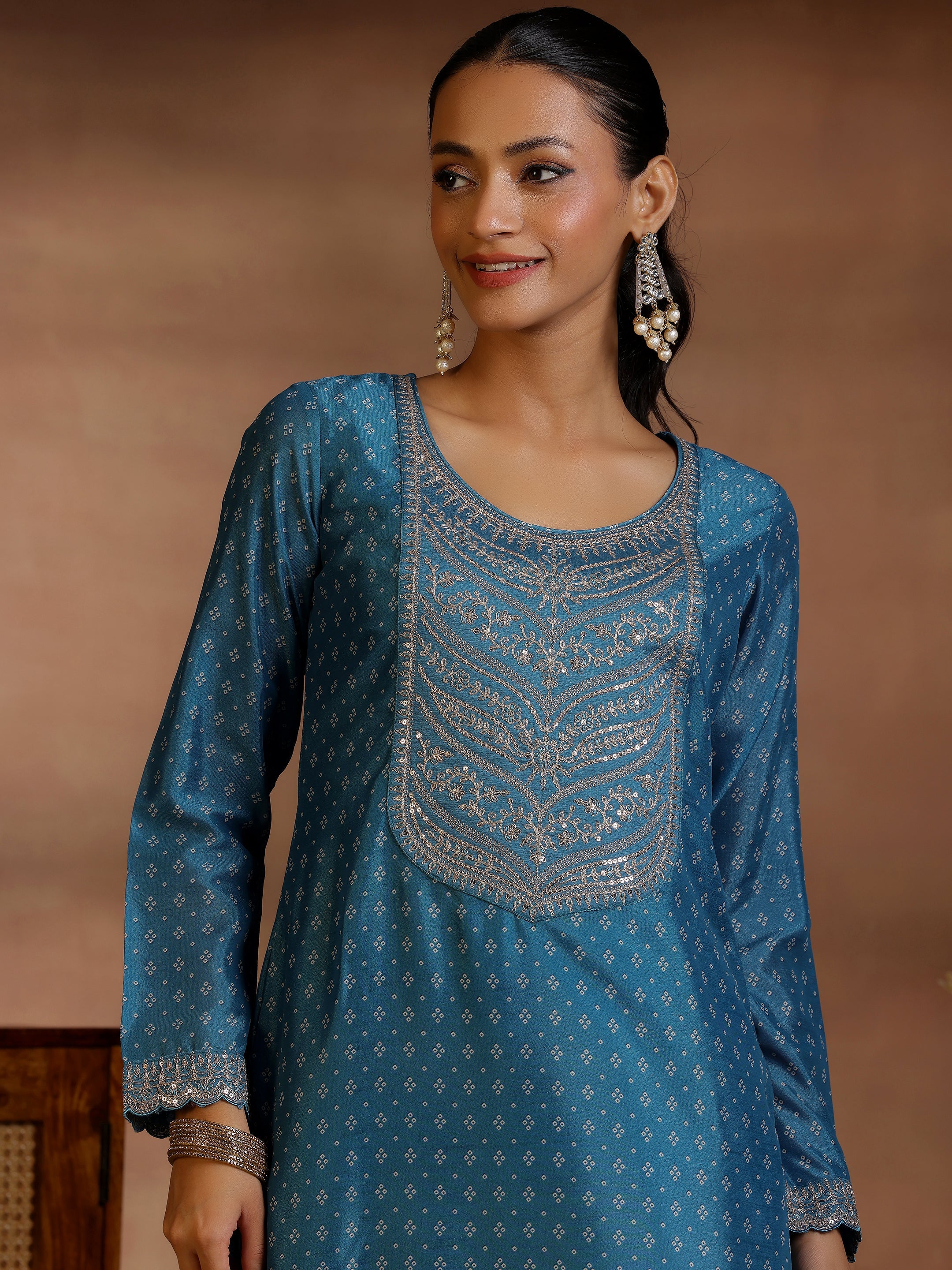 Blue Printed Silk Blend Straight Suit With Dupatta