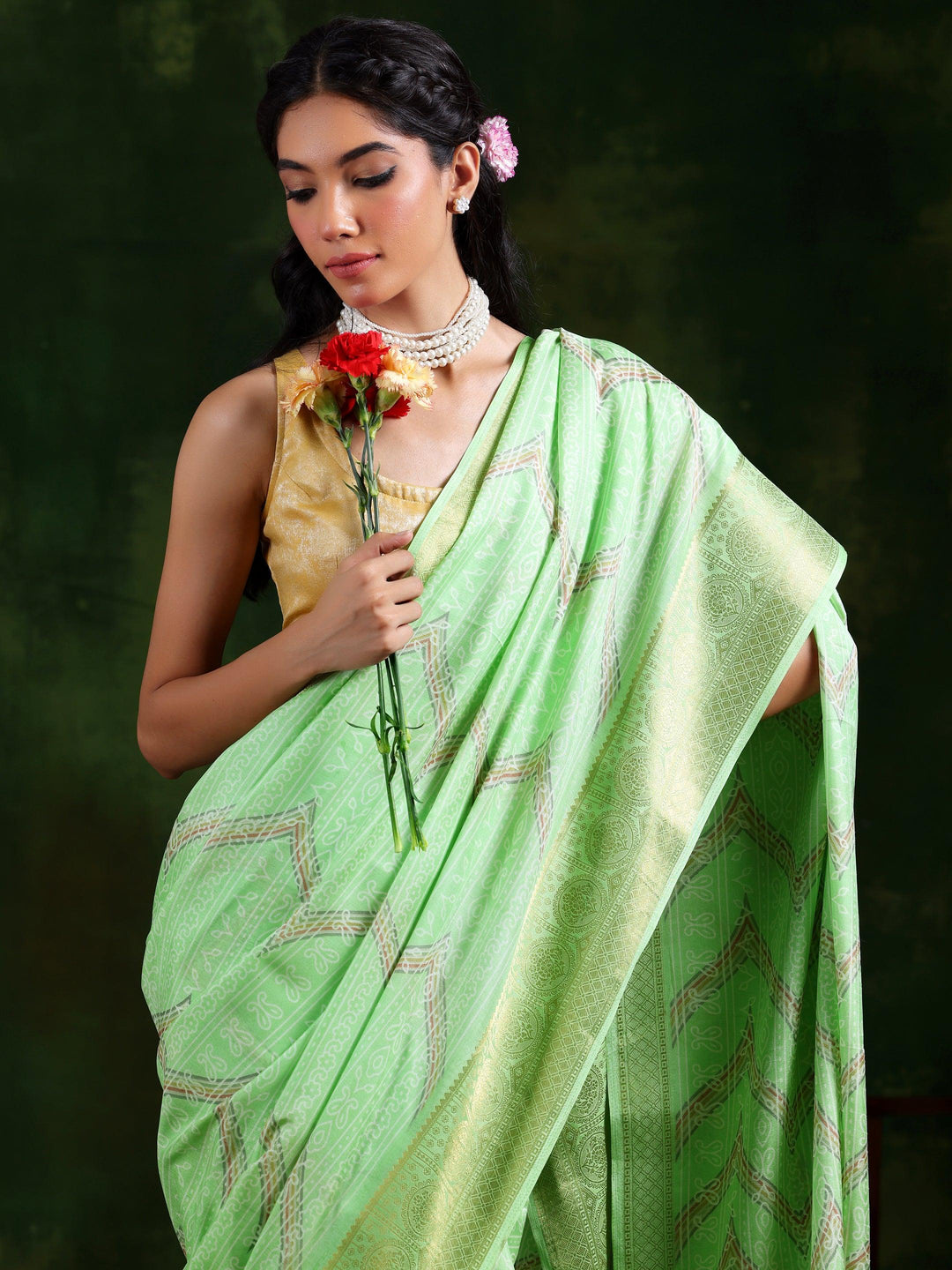 Pista Green Printed Silk Blend Saree With Unstitched Blouse Piece - Libas