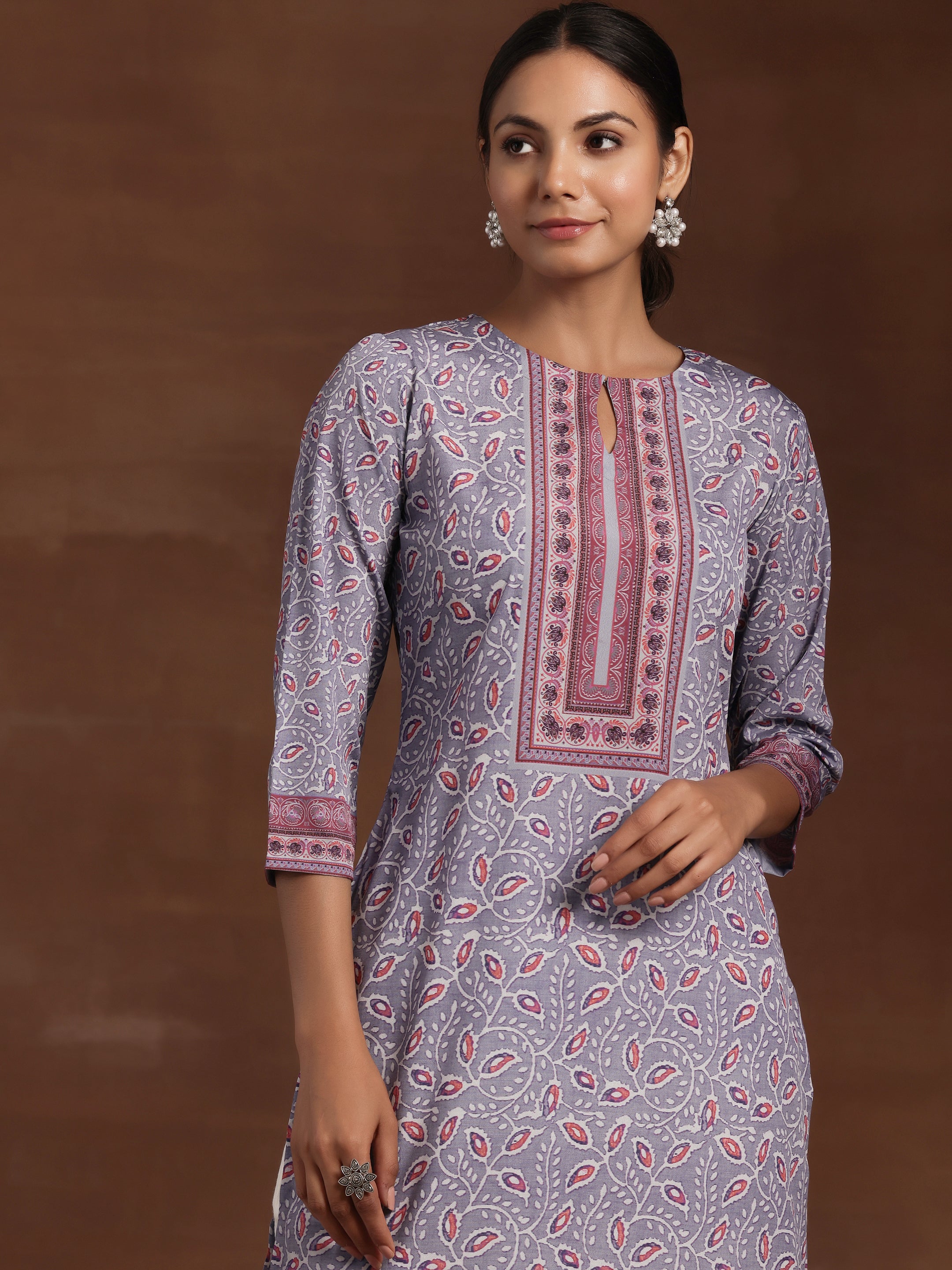 Lavender Printed Crepe Straight Kurta