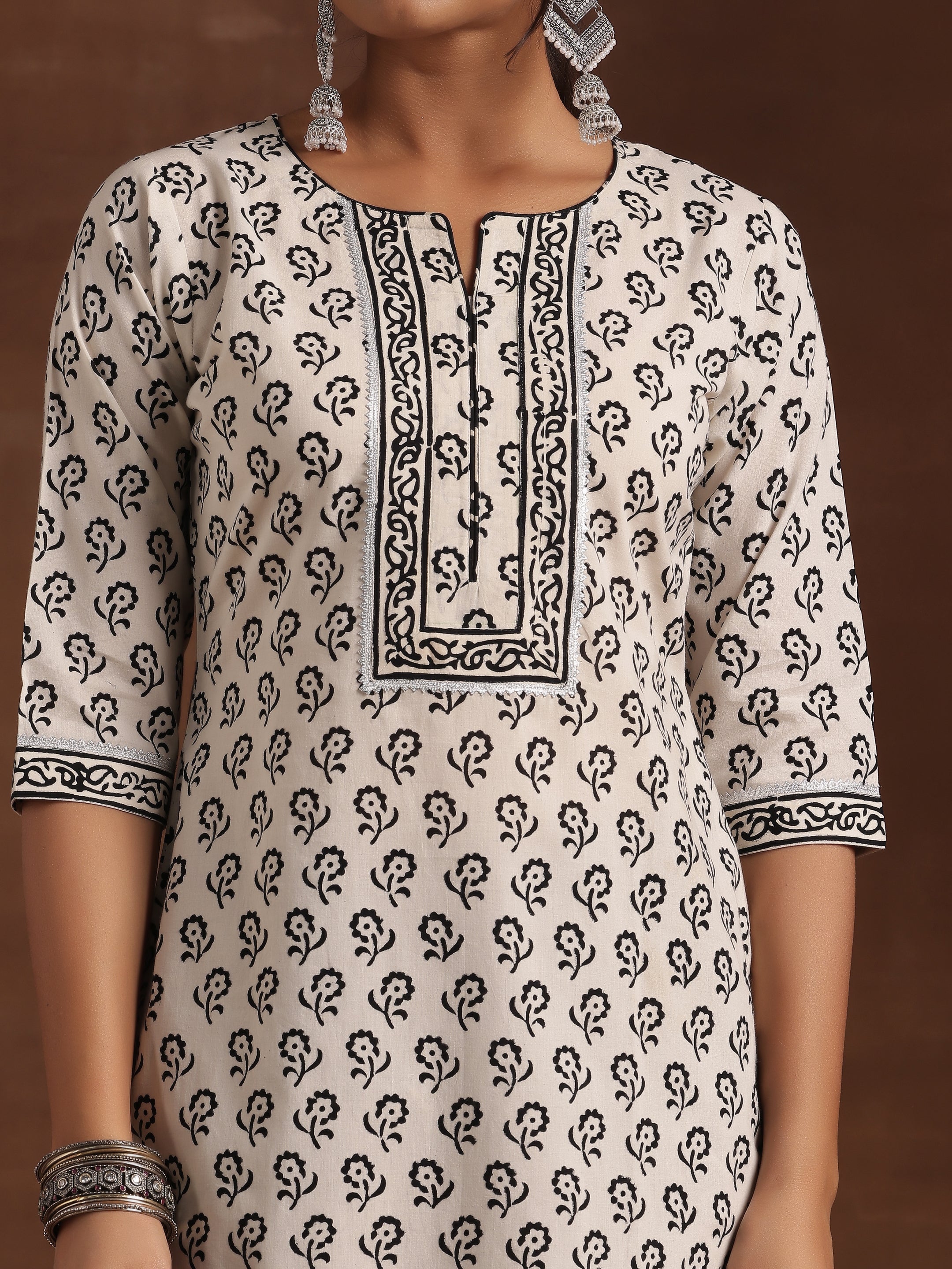 Monochrome Printed Cotton Straight Suit With Dupatta