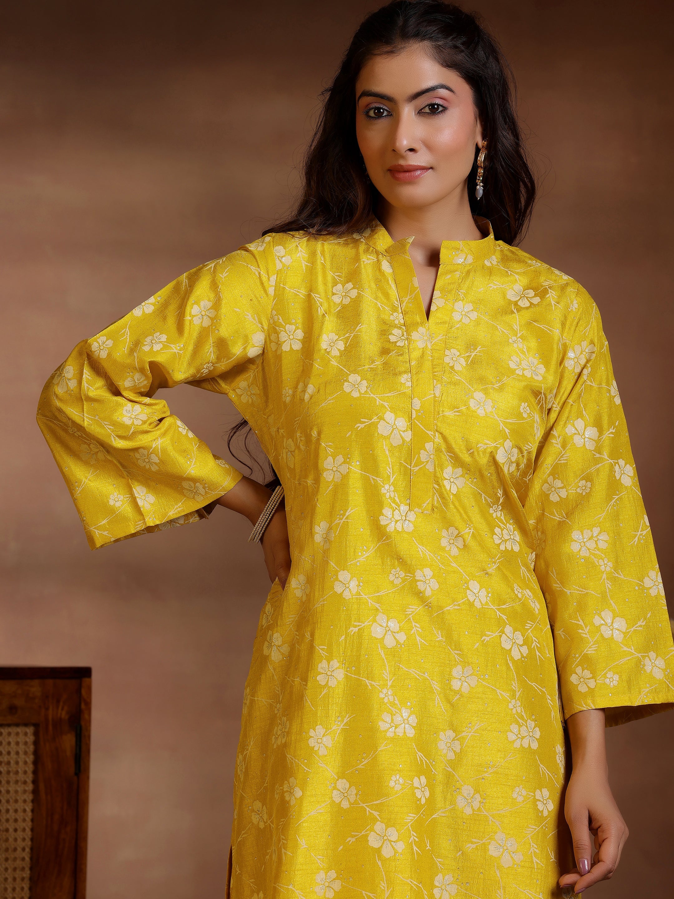 Mustard Printed Silk Blend Straight Kurta Set