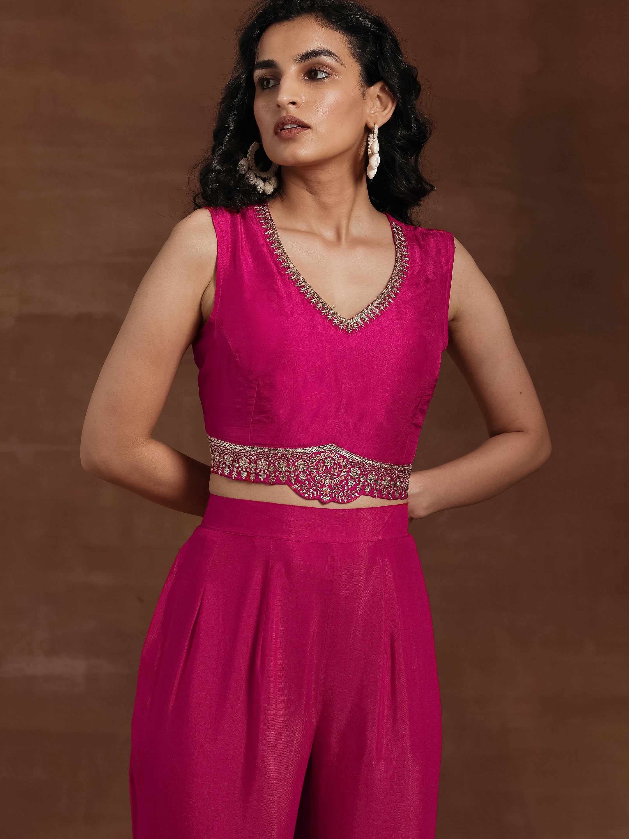 Pink Embroidered Silk Blend 3 Piece Co-Ords