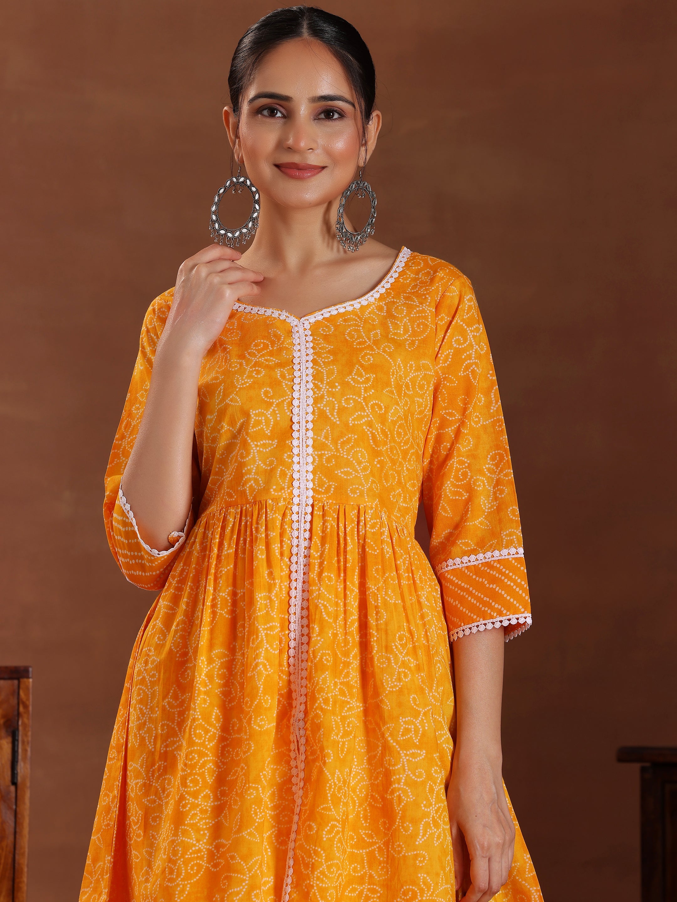 Mustard Printed Pure Cotton A-Line Kurti With Sharara & Dupatta