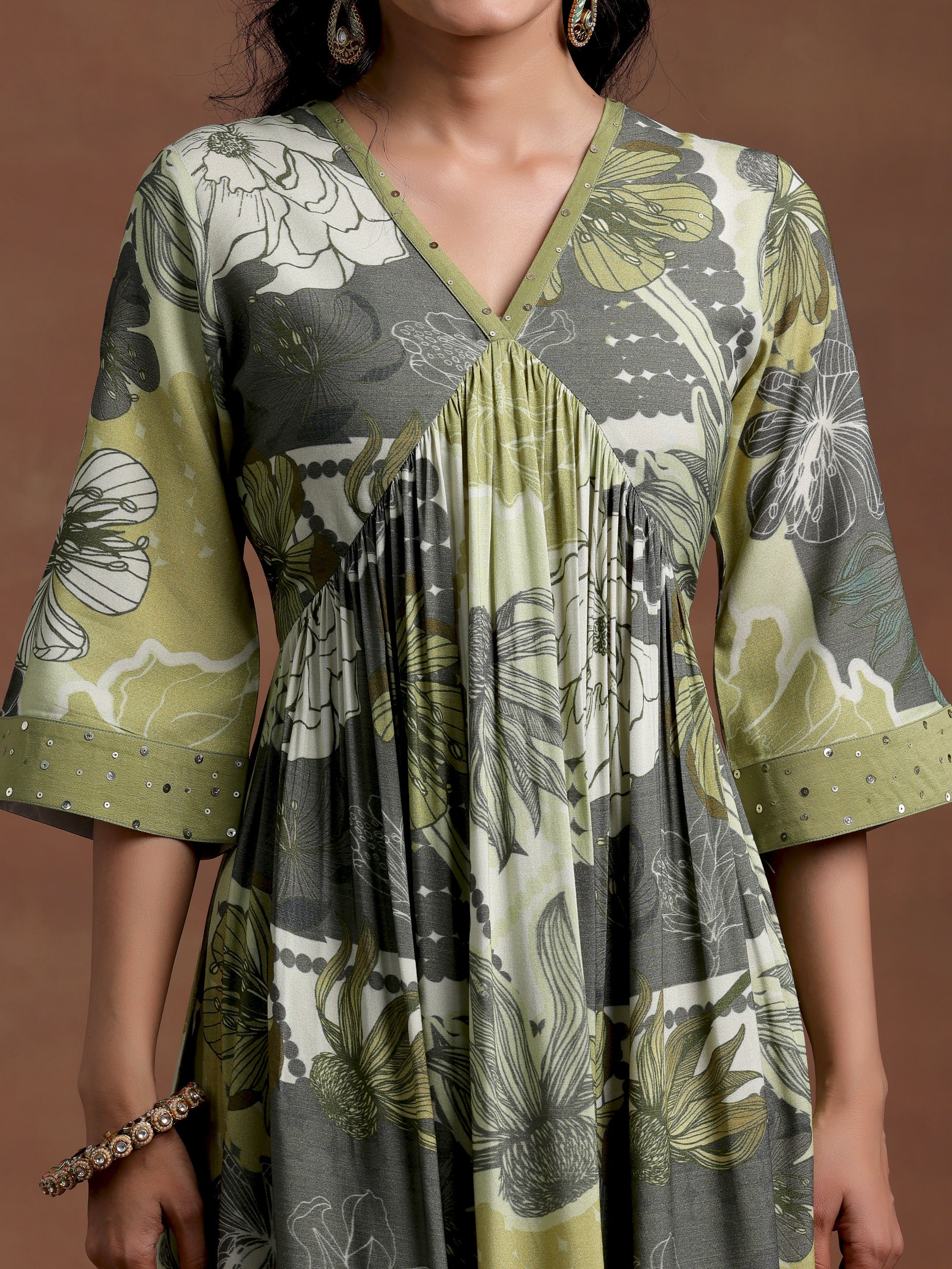 Green Printed Rayon A-Line Kurta With Trousers