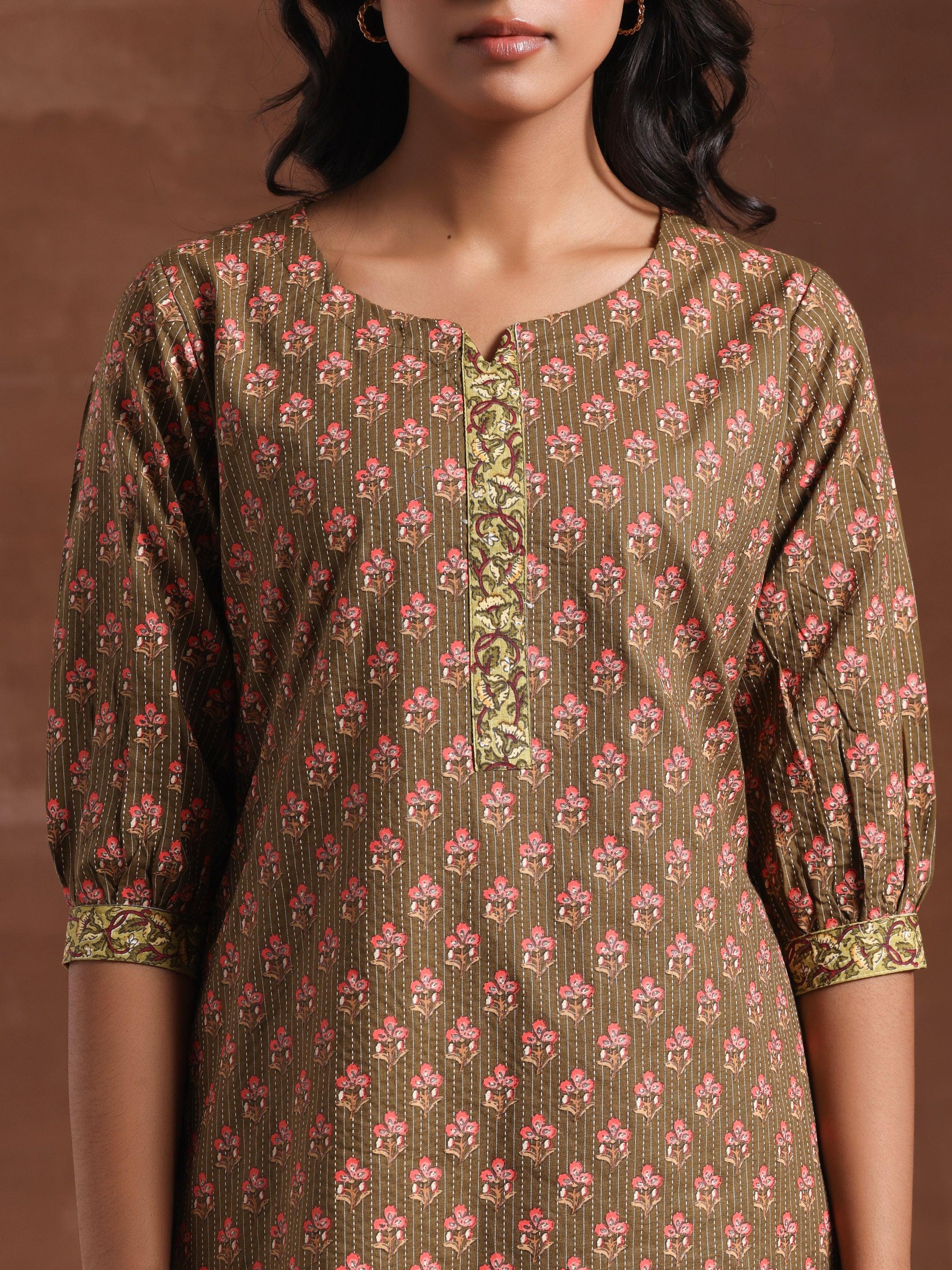 Olive Printed Cotton Straight Kurti